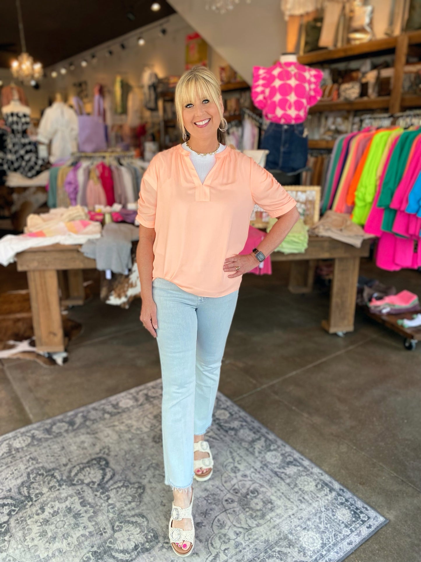 Peachy Keen Blouse with Ruched Sleeves