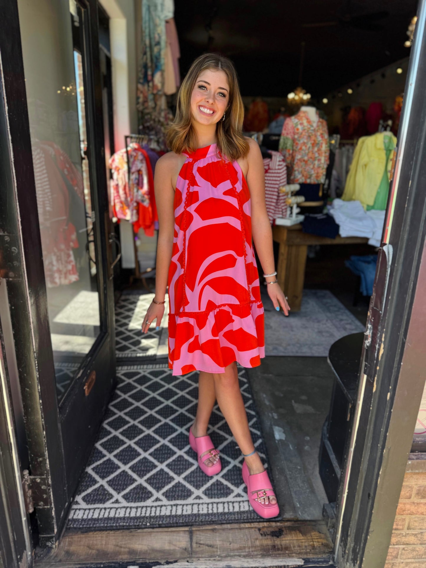 Jade Pink Arial Trim Tie Neck Halter Dress