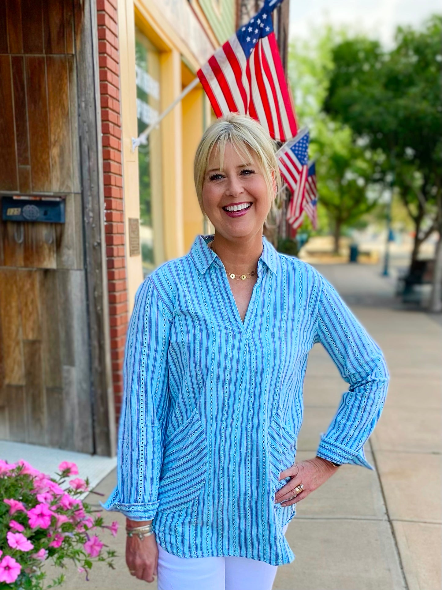 Ivy Jane aqua popover stripe tunic