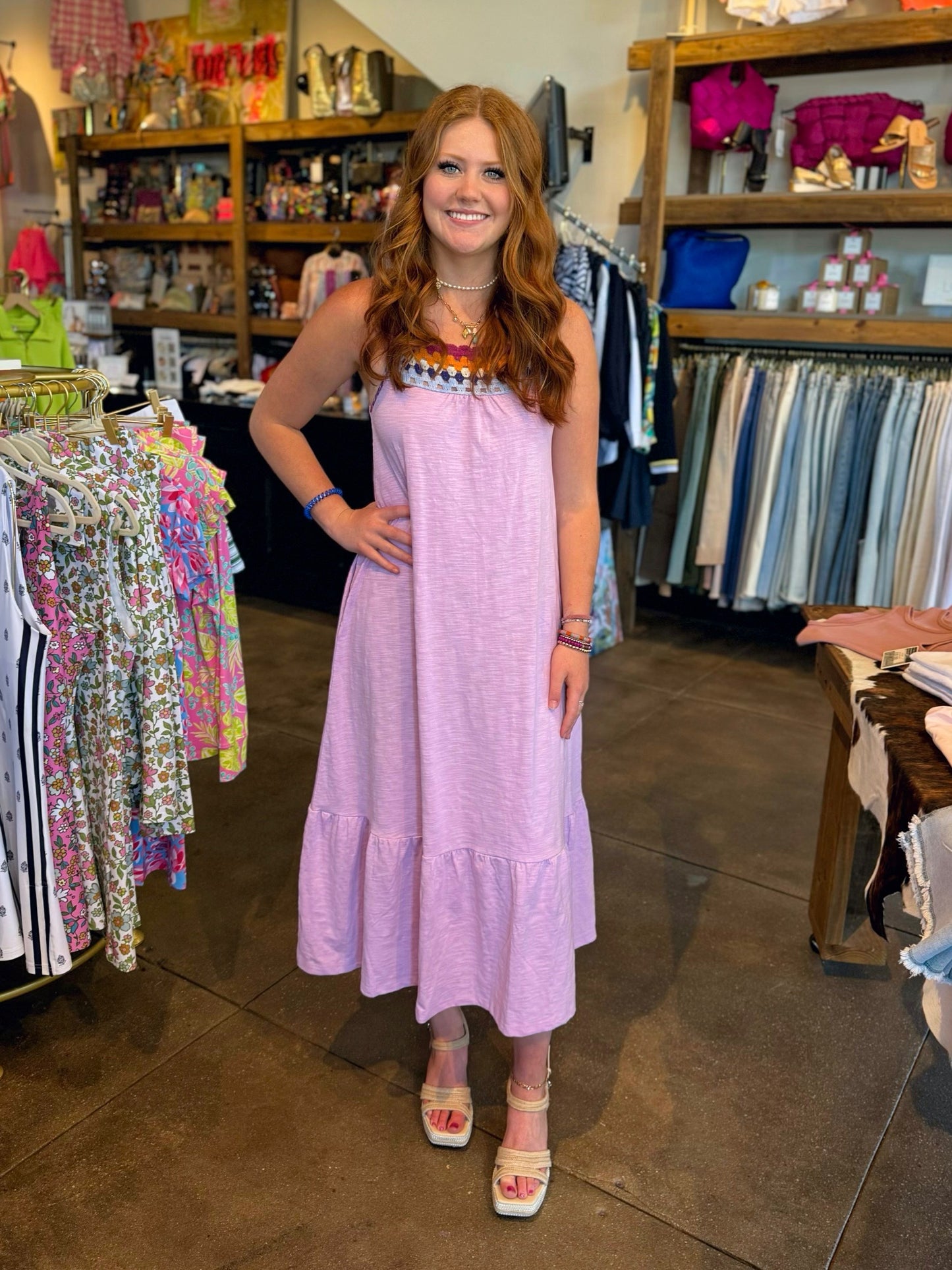 Tribal Blush Sleeveless Dress with Crochet Neckline