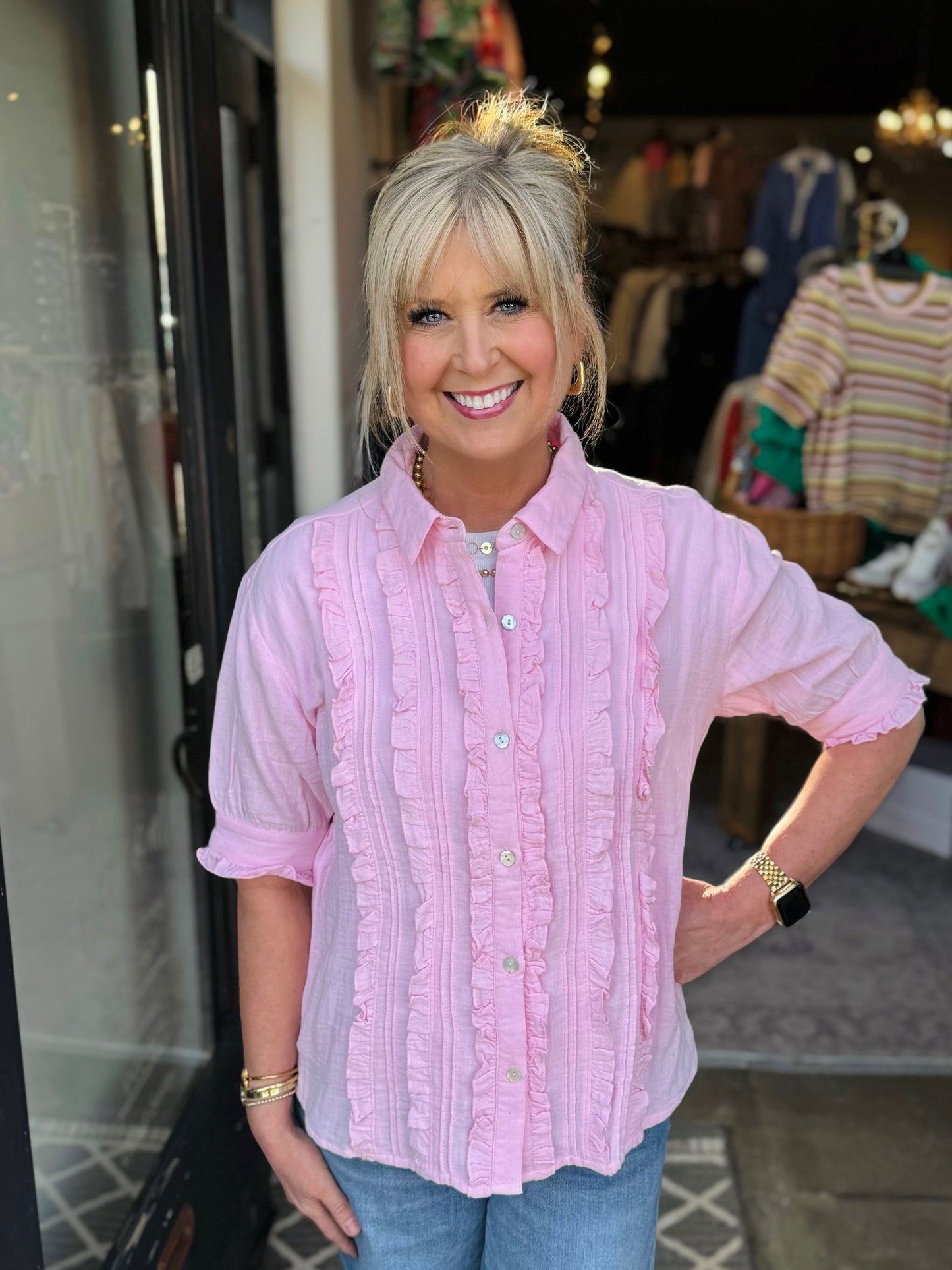 Ivy Jane Pink Tuxedo Gauze Shirt 641496