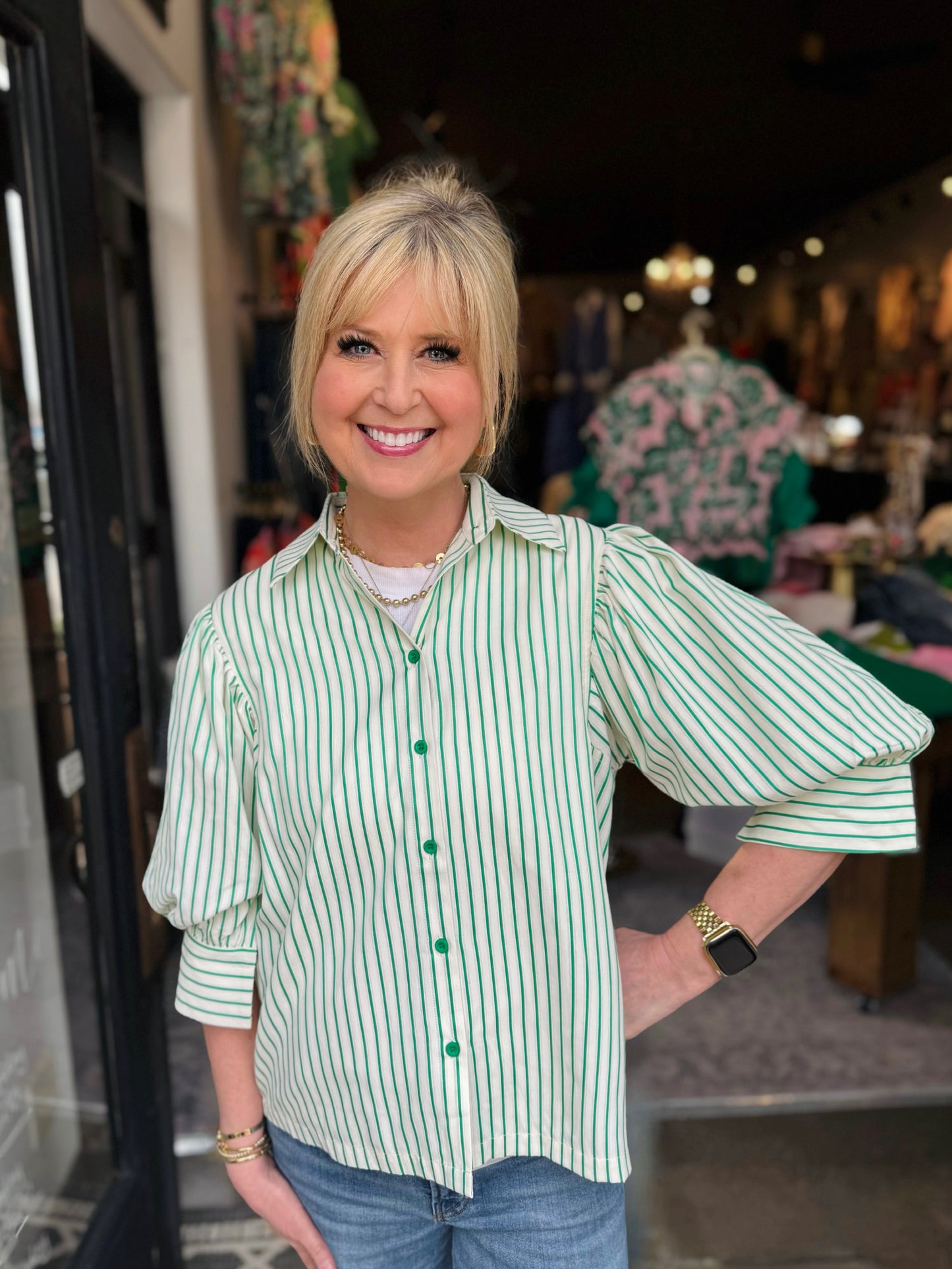 Jade Green Stripe Puff Sleeve Shirt