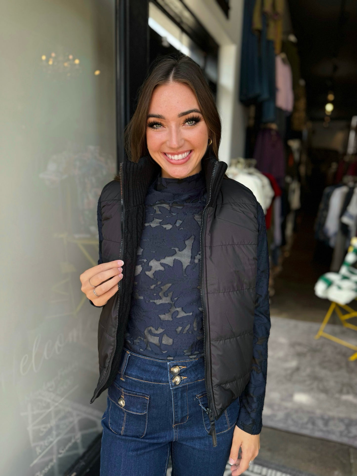 Charlie B Blue Black Burnout Mesh l/slv mock neck top