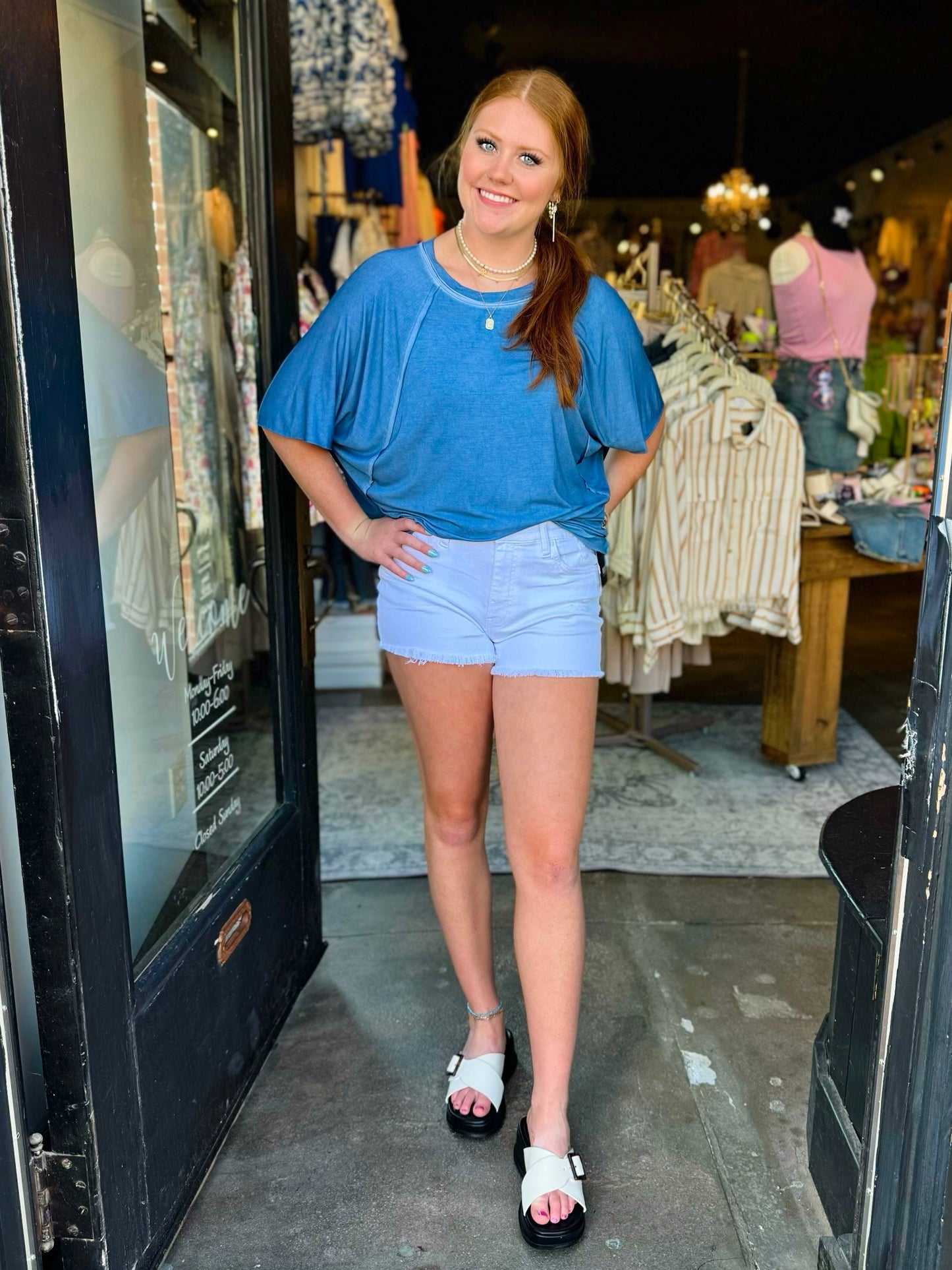 Amelias Denim Loose Fit Cut Edge Short Sleeve Top