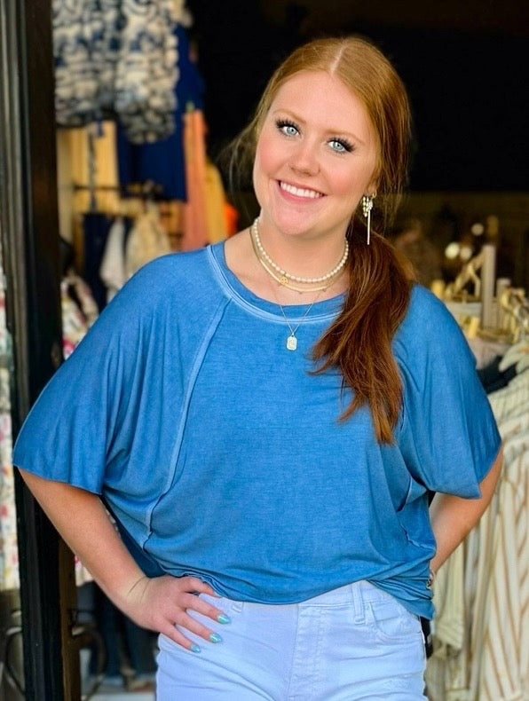 Amelias Denim Loose Fit Cut Edge Short Sleeve Top