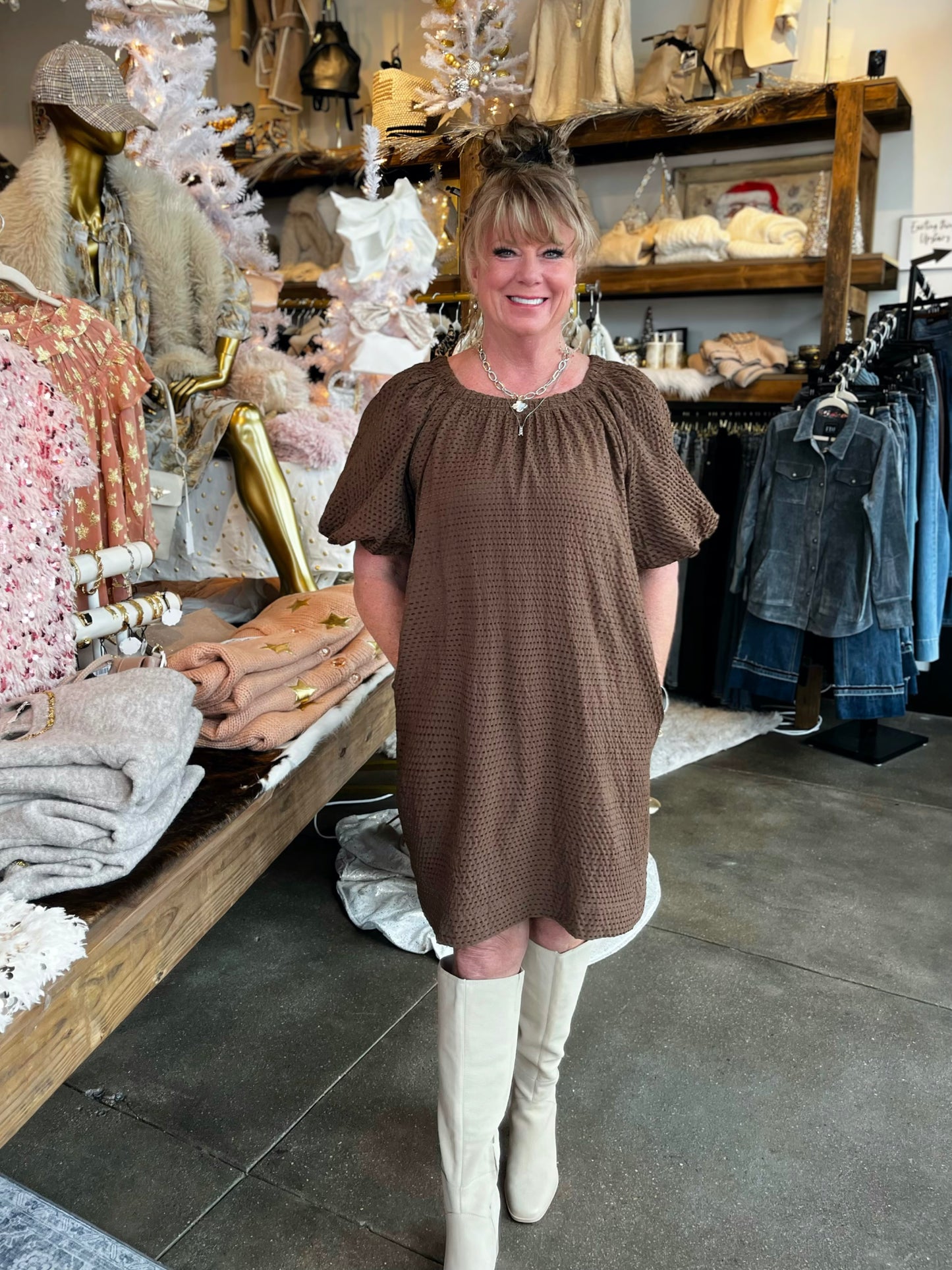 Jade Brown Gather Neck Tie Back Dress