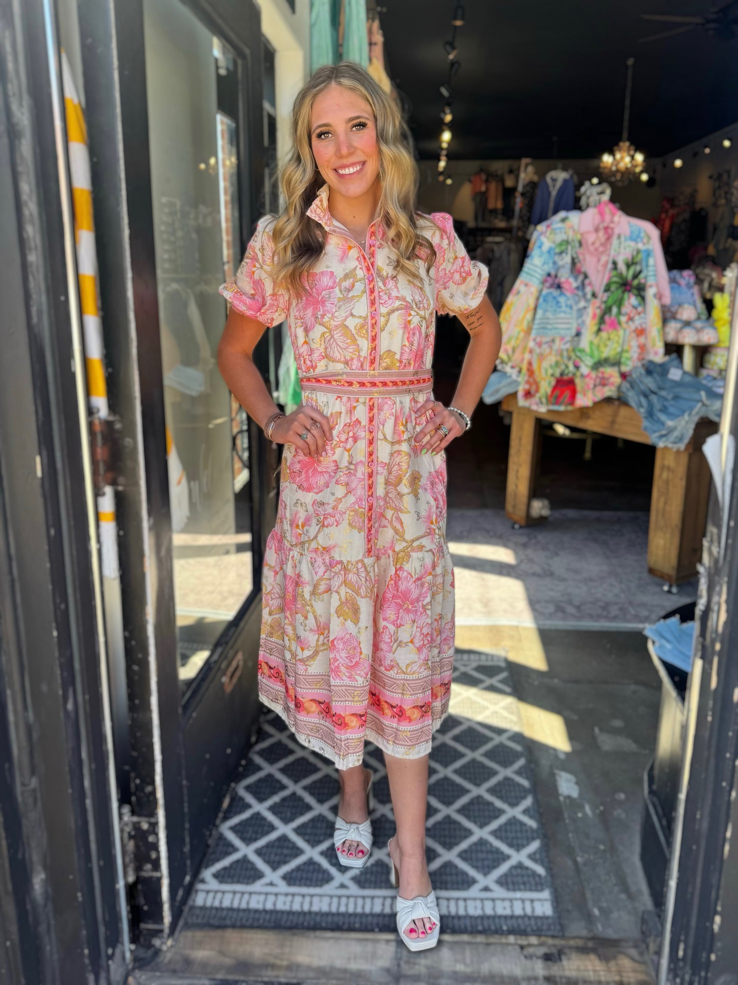 Jade Aloha Bloom Button Front Short Sleeve Midi