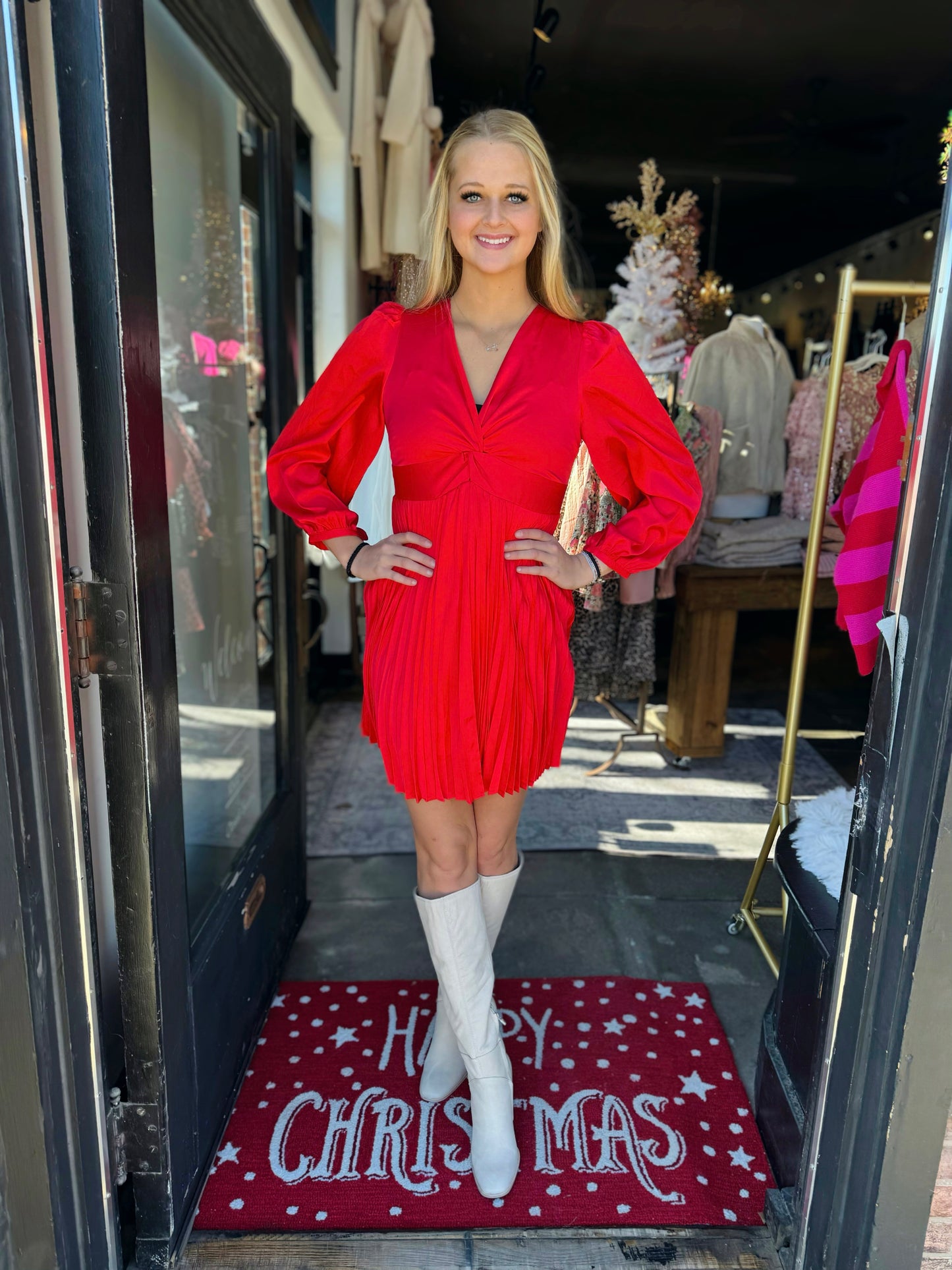 Joy Joy Red Front Twisted Pleated Dress