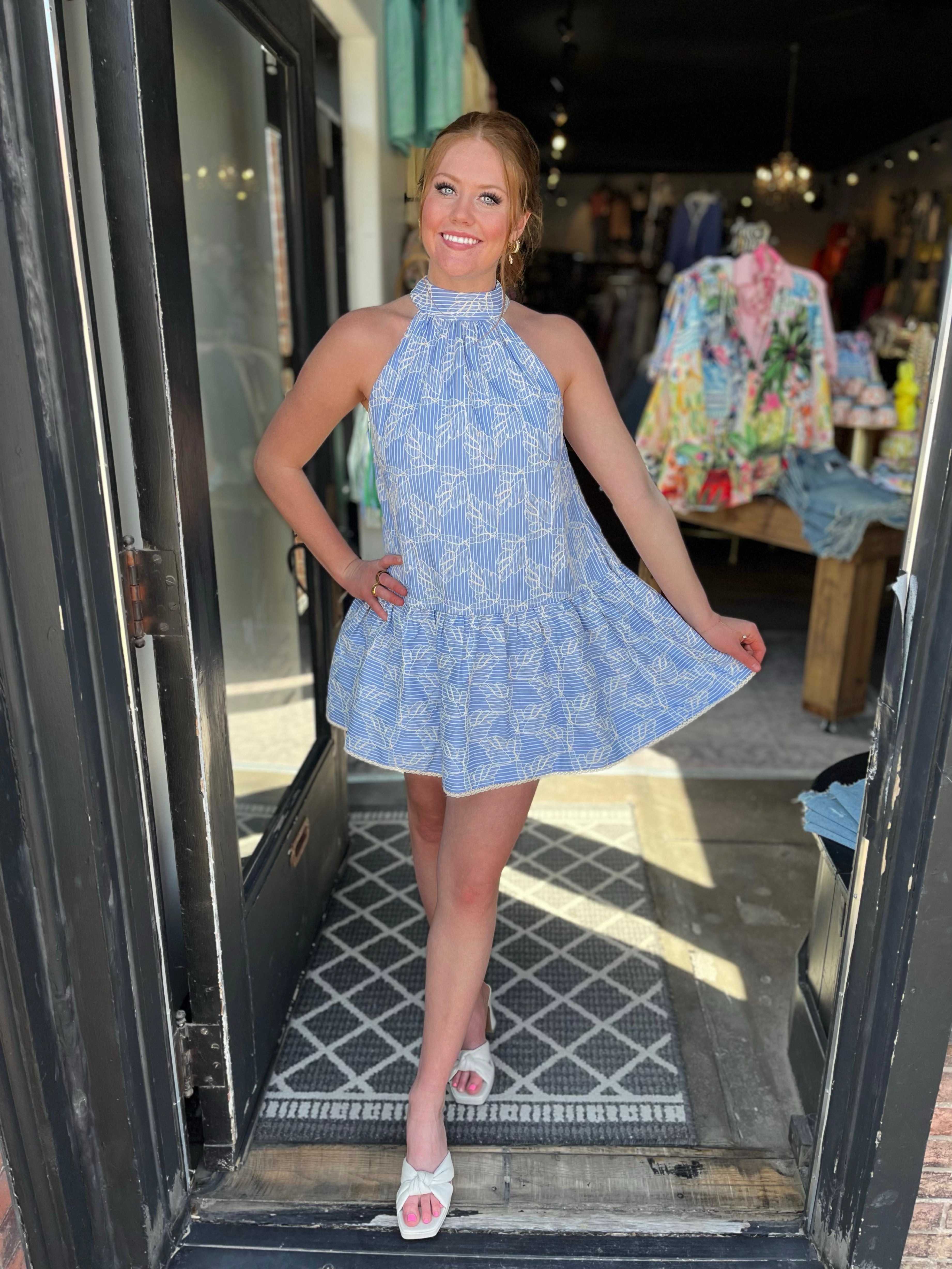 English Factory Blue Stripe W Embroidery Halter Dress