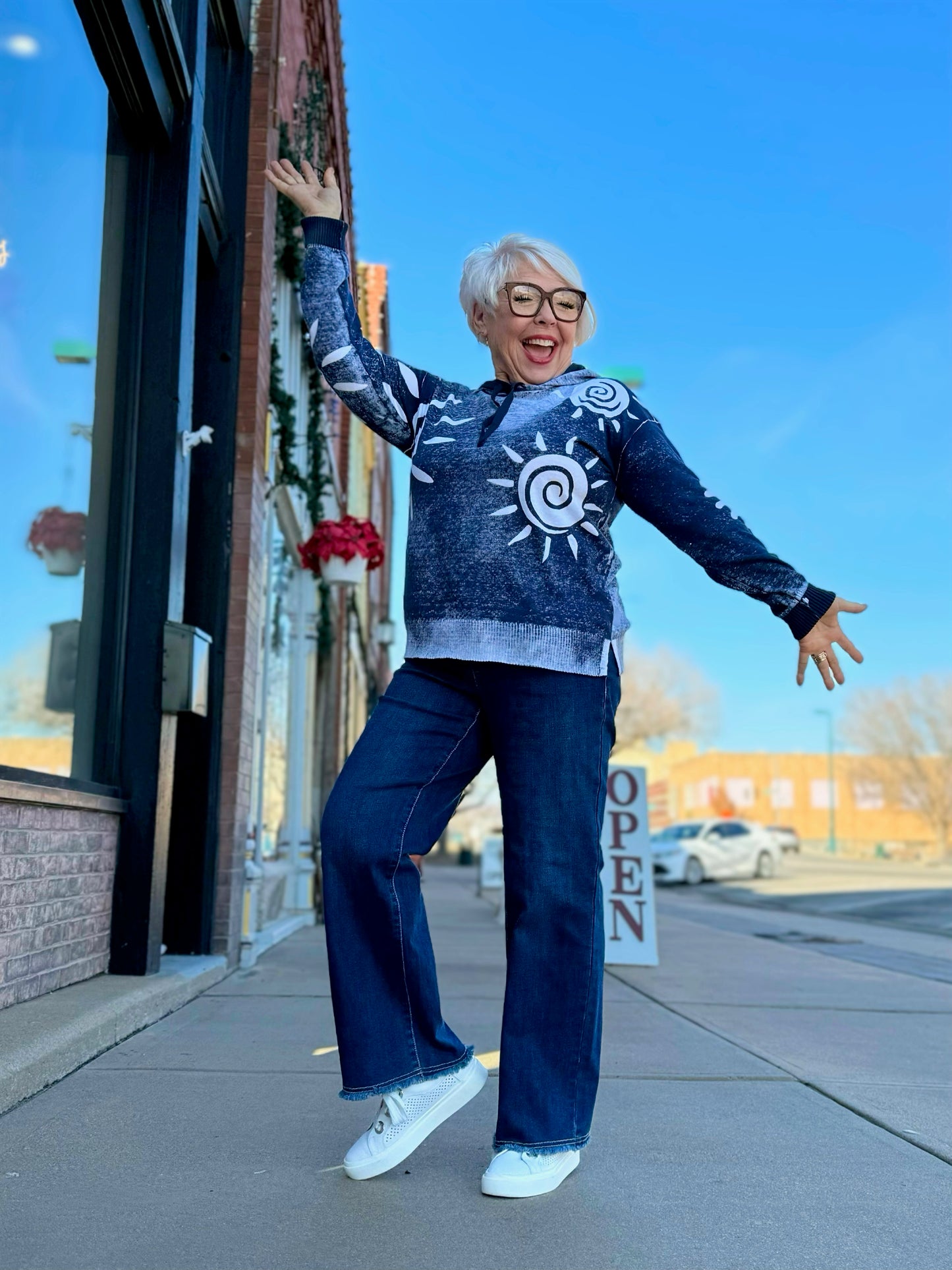 Charlie B Navy Reverse Printed hoodie Sweater