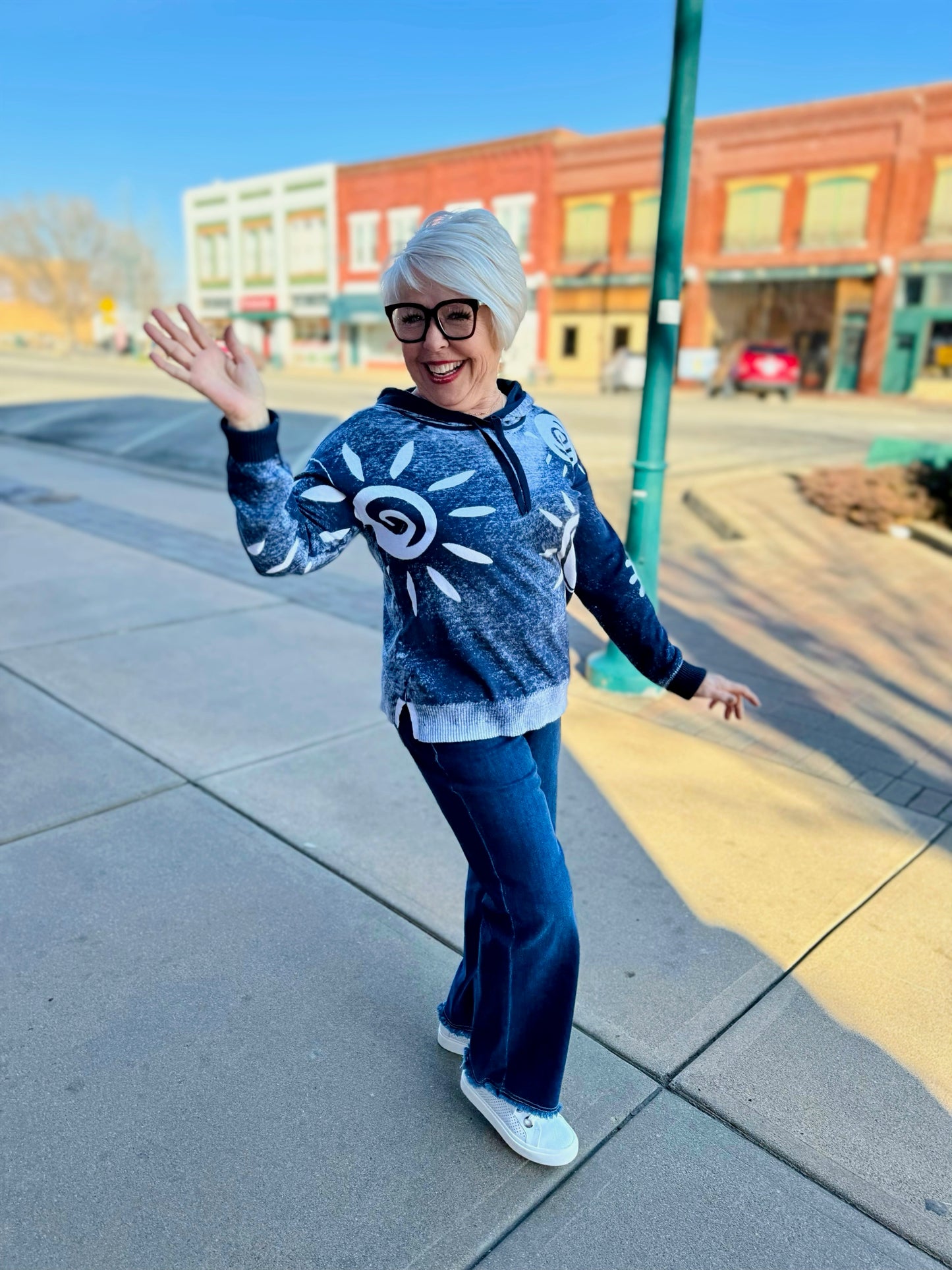 Charlie B Navy Reverse Printed hoodie Sweater