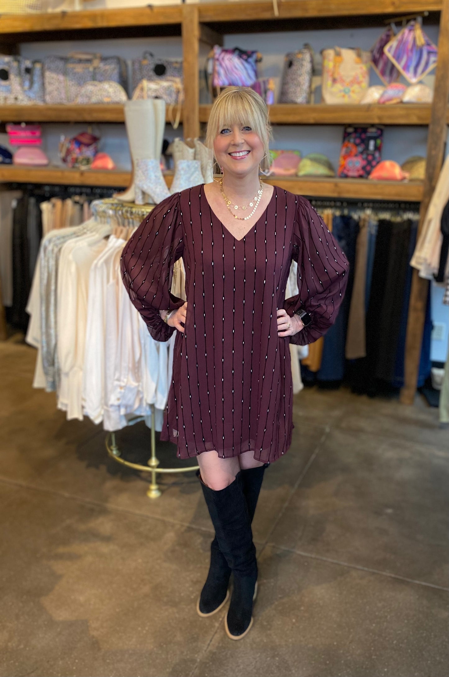 Plum velvet stripe bubble sleeve dress