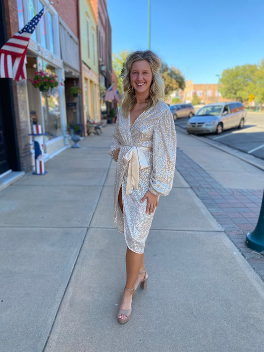 light taupe waist tied wrap sequin midi dress