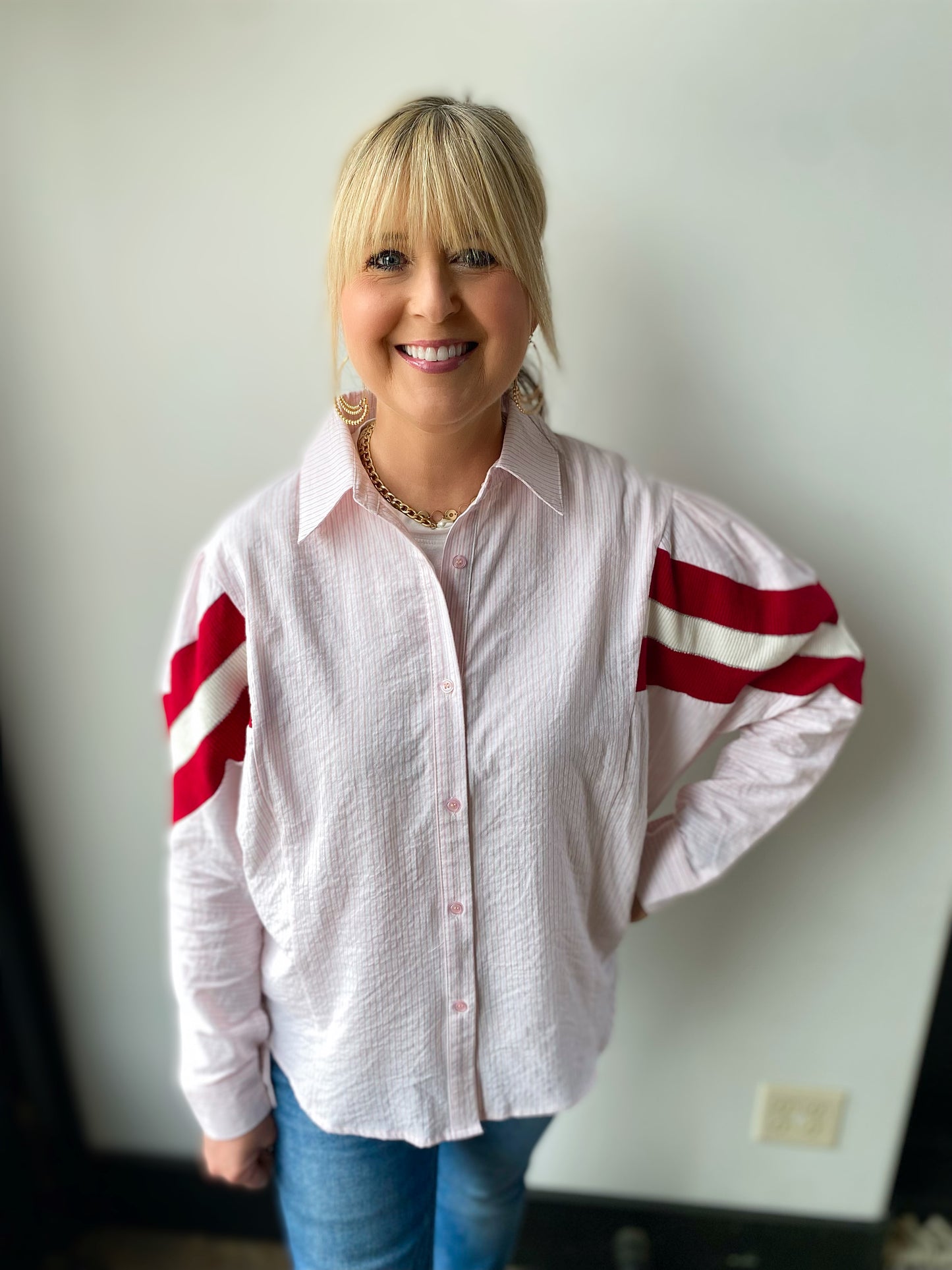 pink/white striped track sleeve blouse