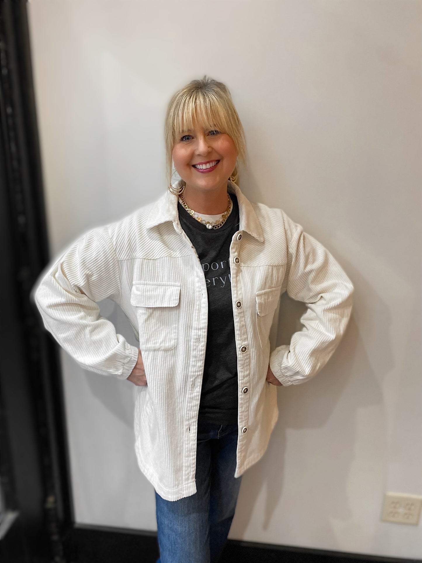 ivory corduroy shacket with plaid lining