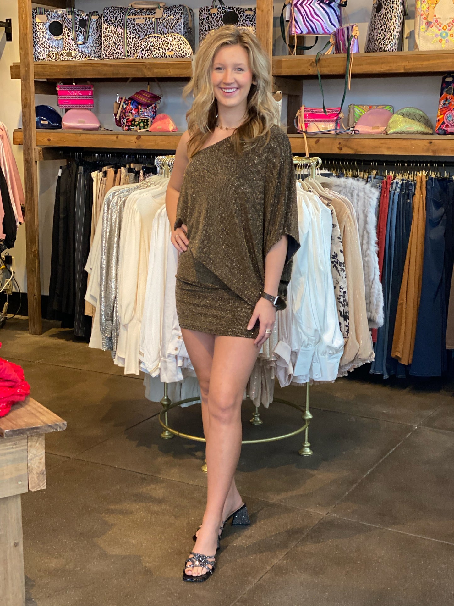 bronze one shoulder elastic waist mini dress