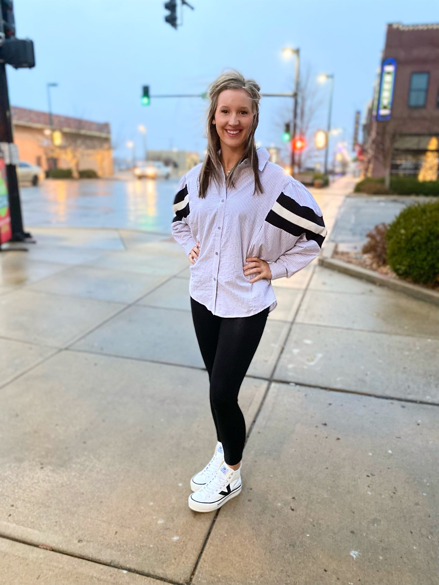 white/blue striped track sleeve blouse