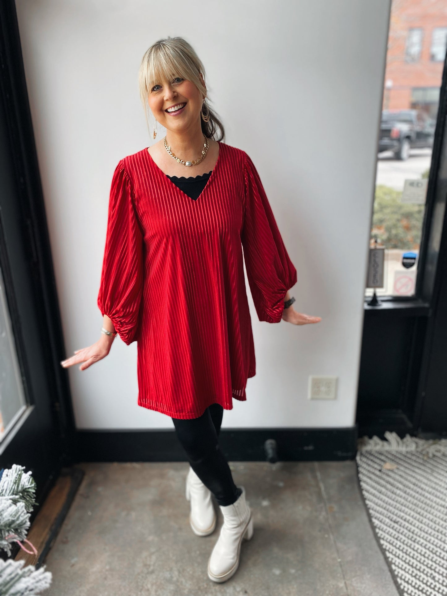 red/gold foil velvet stripe balloon puff sleeve dress