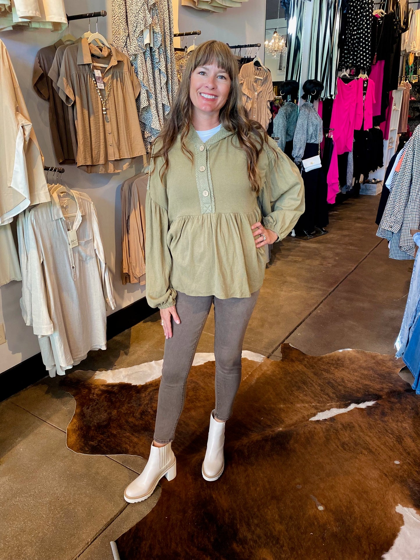 olive washed thermal mixed hoodie loose top