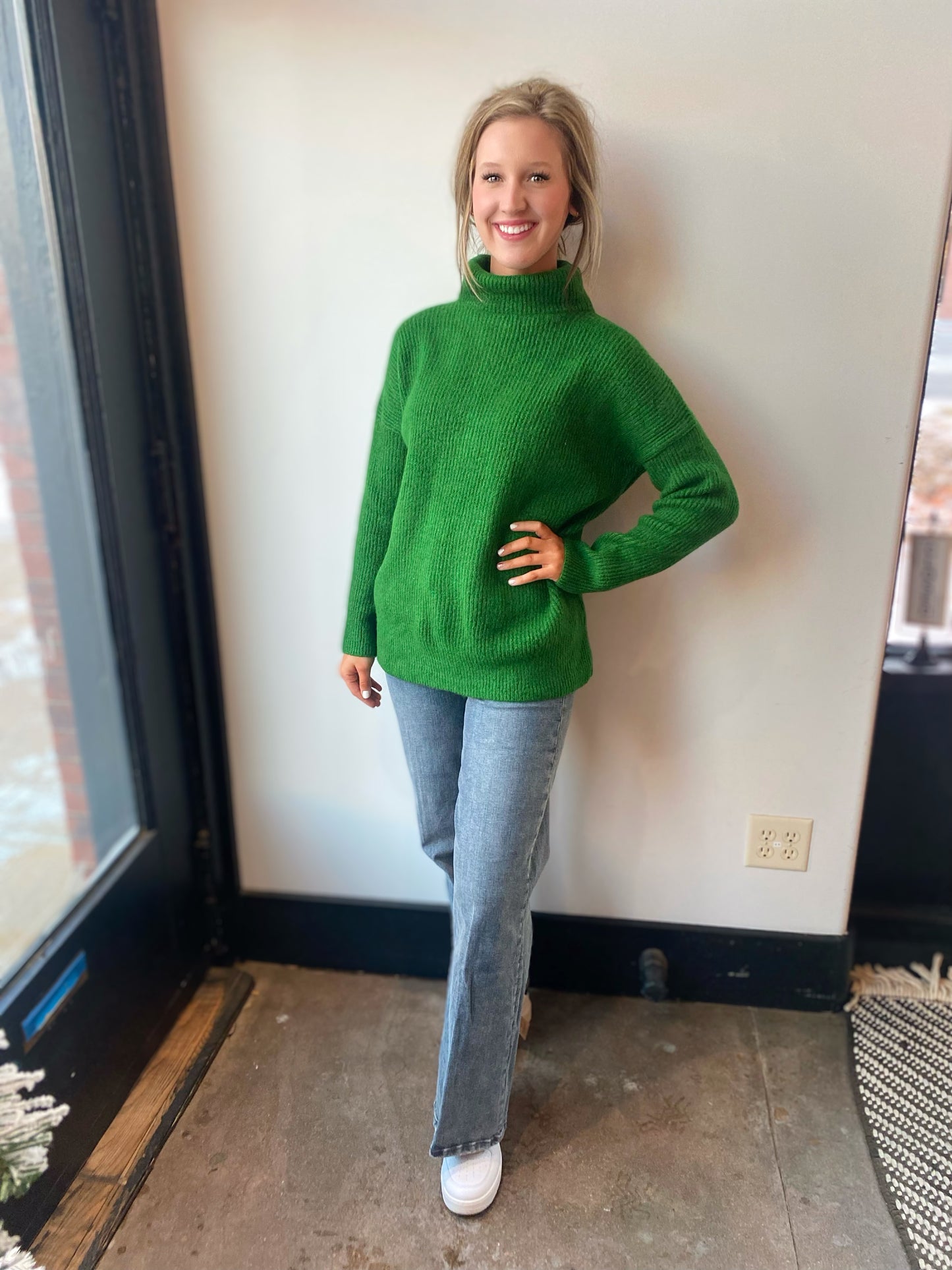 green turtle neck sweater
