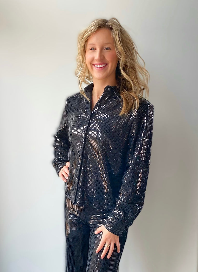 black collar neck sequin button down