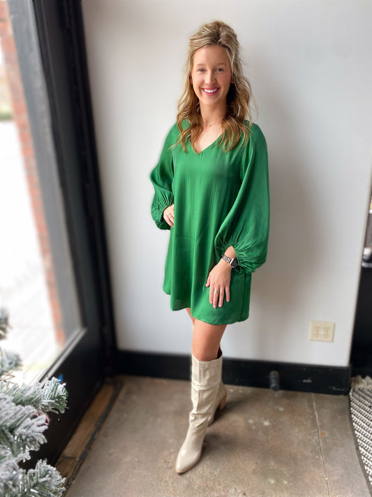 kelly green metallic long sleeve dress