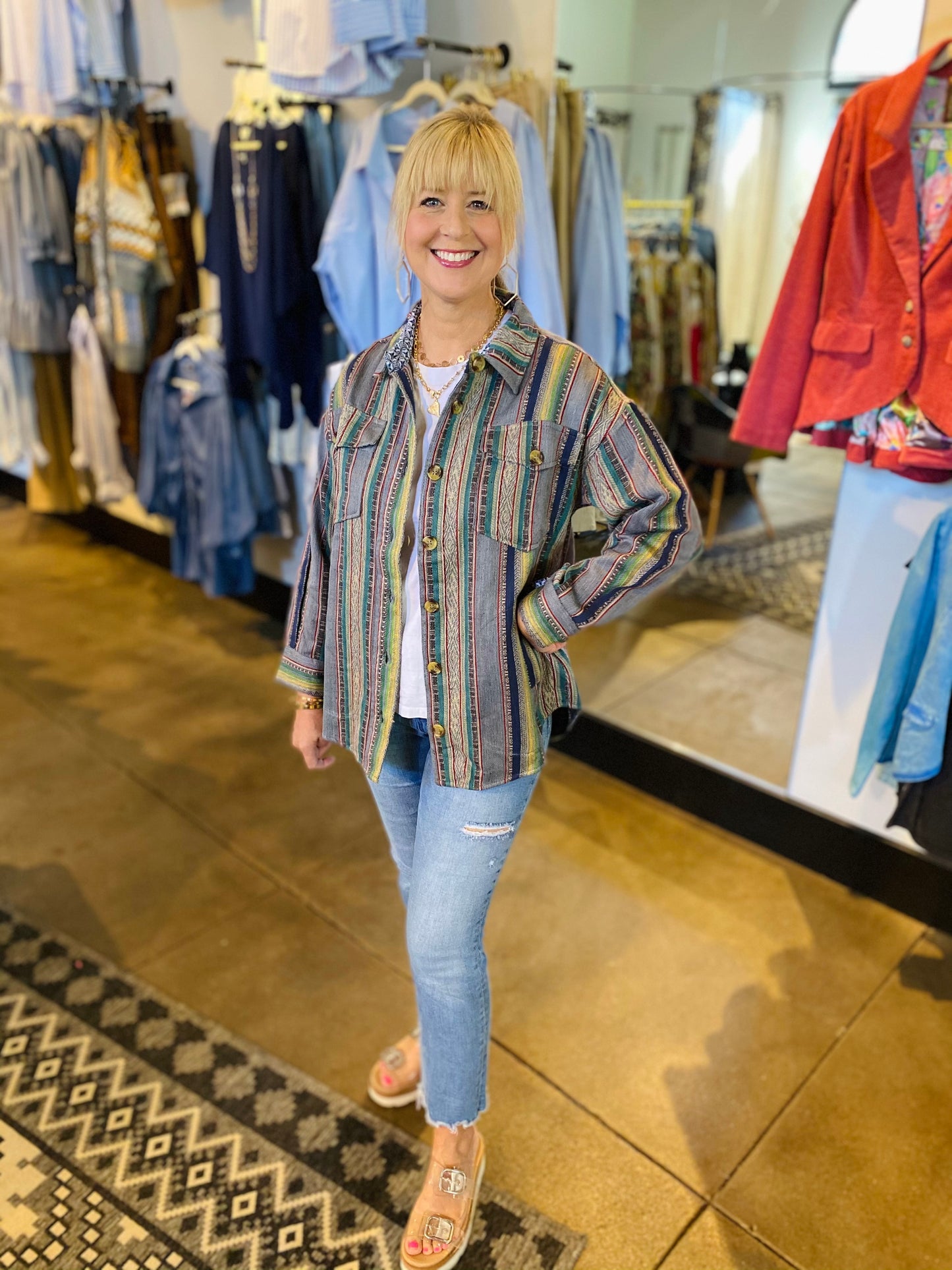 ivy jane blue serape striped shacket