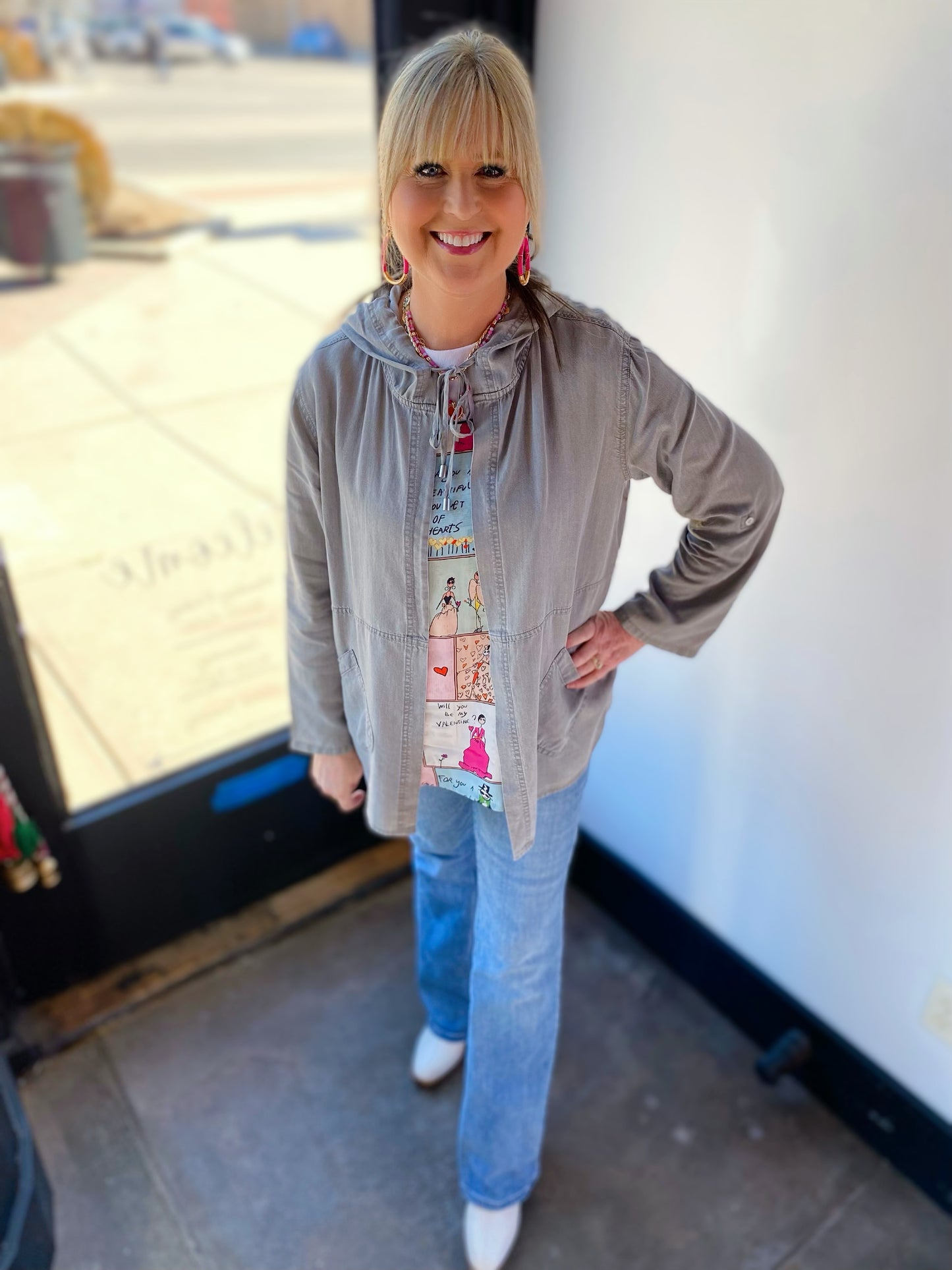 Charlie b soft grey printed long hooded duster