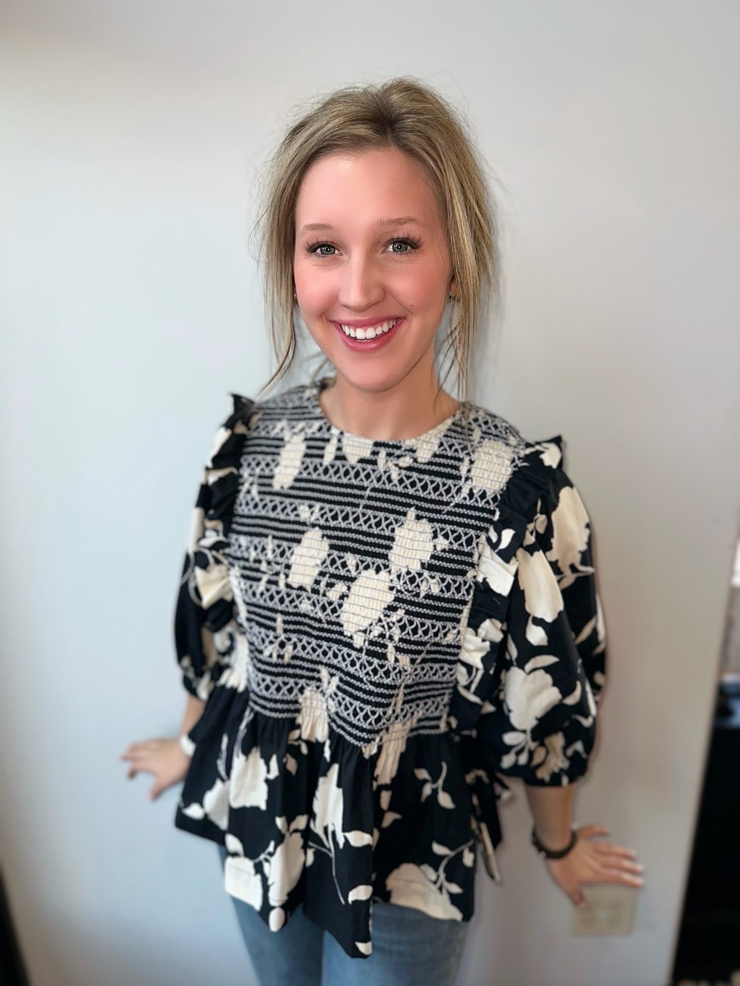 black multi flower peplum top