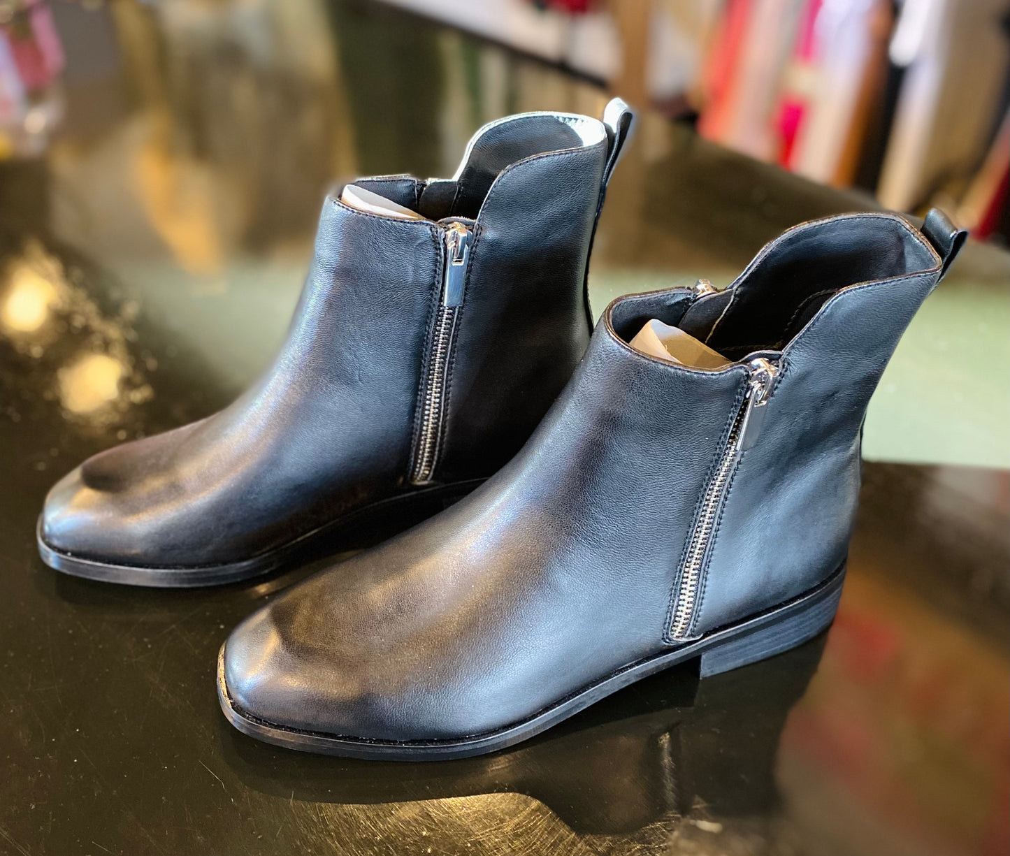 black yearling leather booties 2 gold zippers