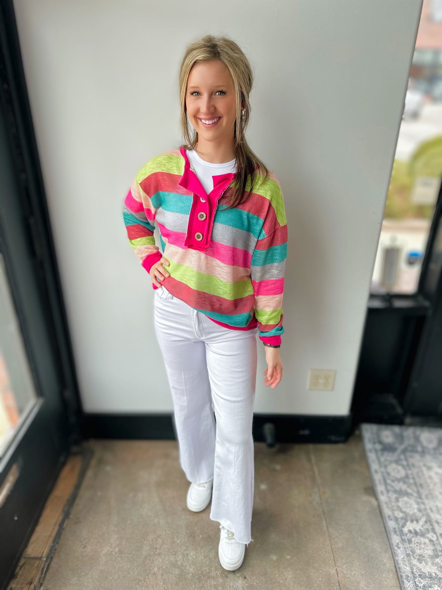 Henley Multi Color Stripe Hacci button top