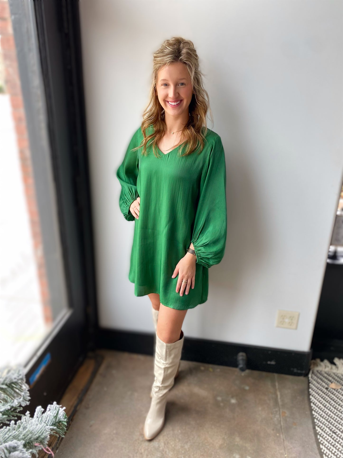 kelly green metallic long sleeve dress