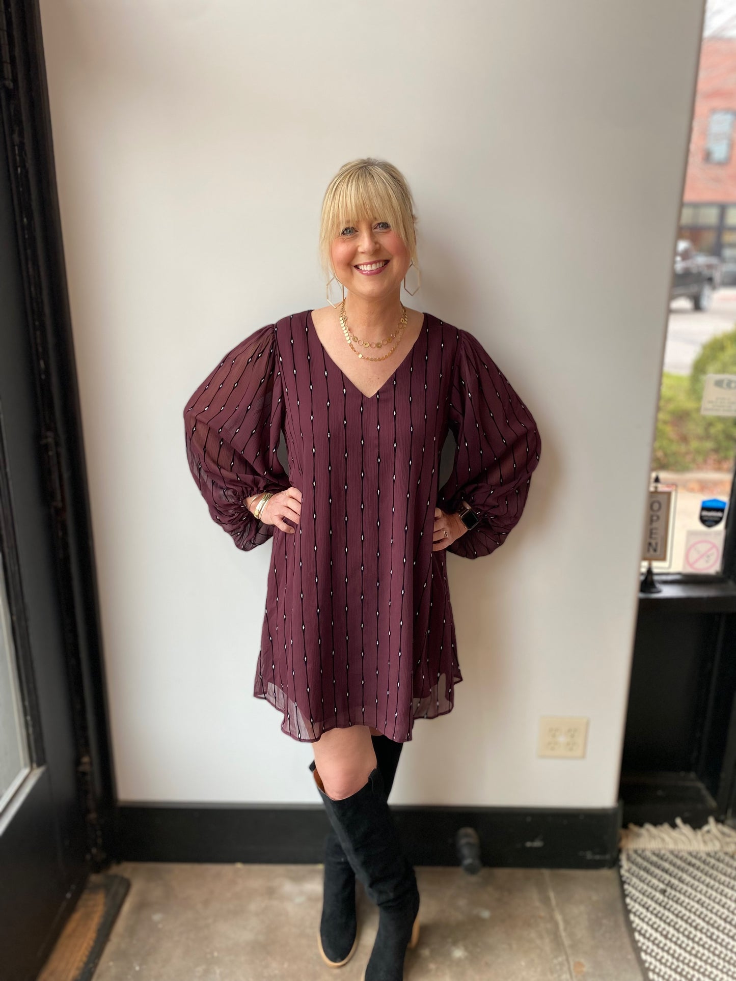 Plum velvet stripe bubble sleeve dress