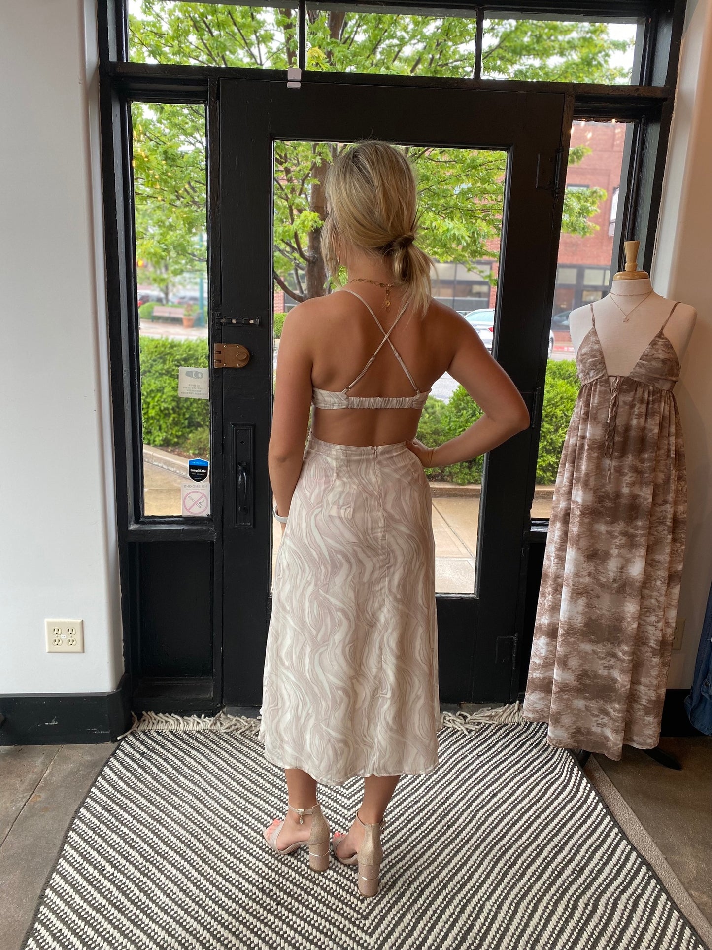 Taupe-mint cowl neck mid dress with side cut out detail