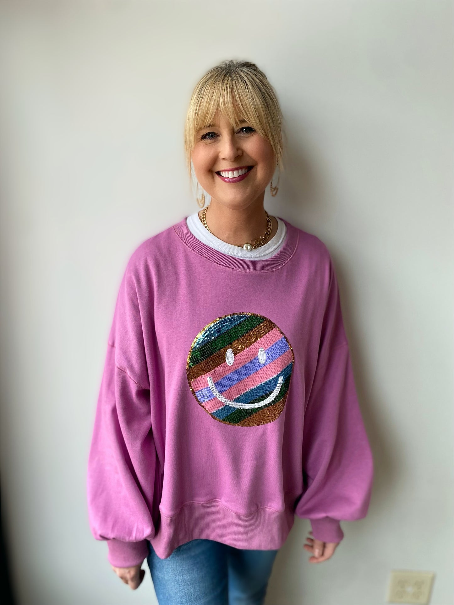 lavender rainbow smile sequin patched sweatshirt