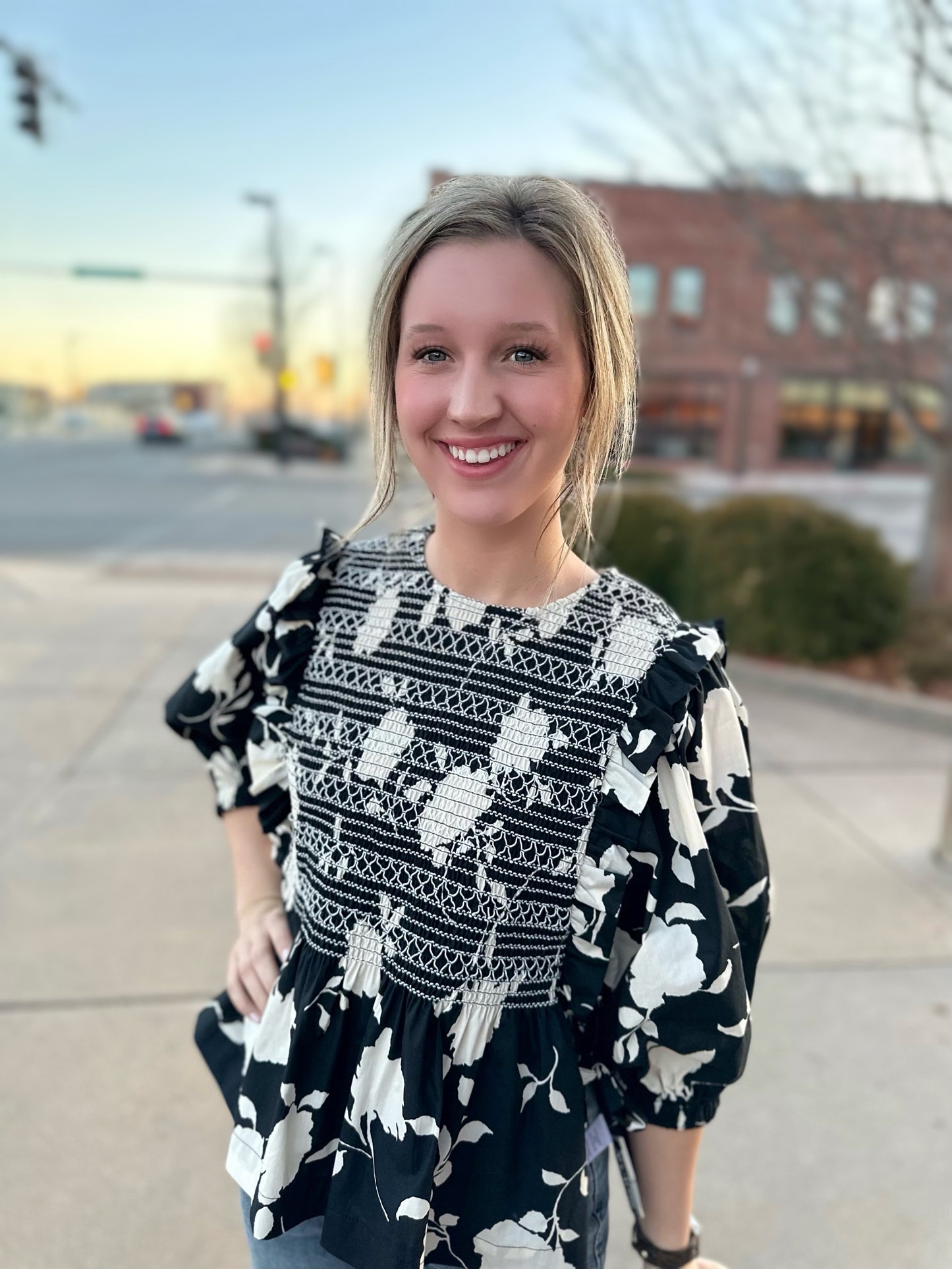 black multi flower peplum top