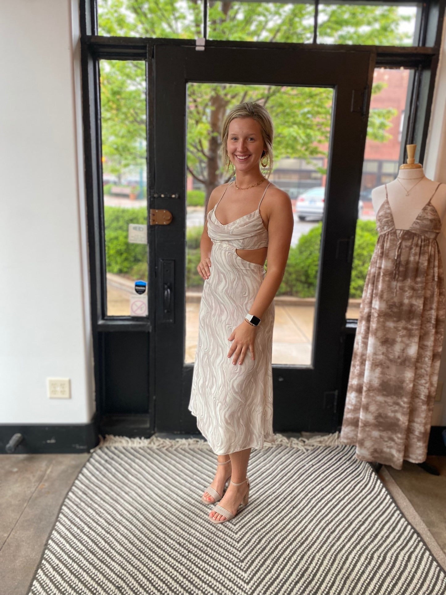 Taupe-mint cowl neck mid dress with side cut out detail