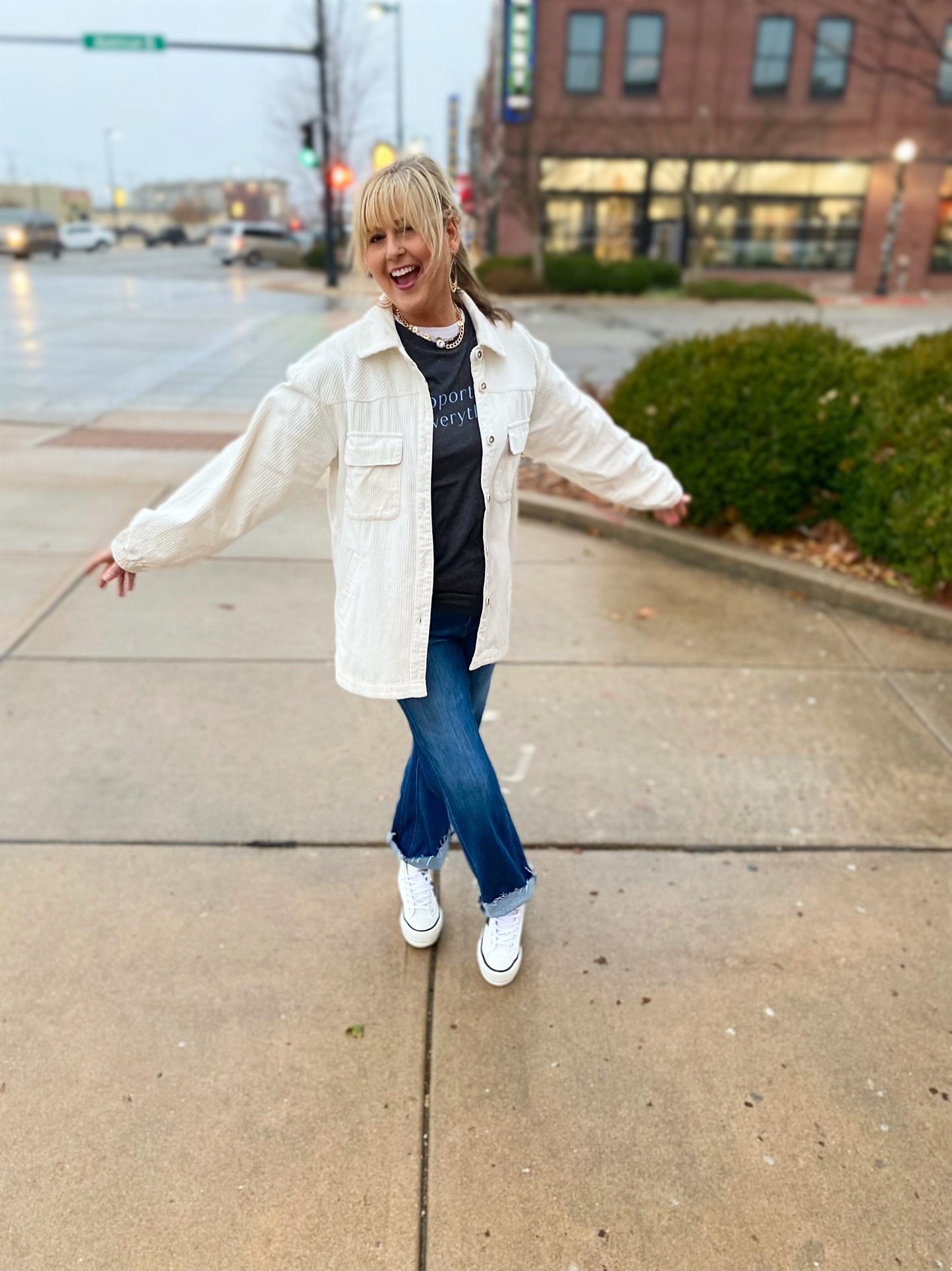 ivory corduroy shacket with plaid lining
