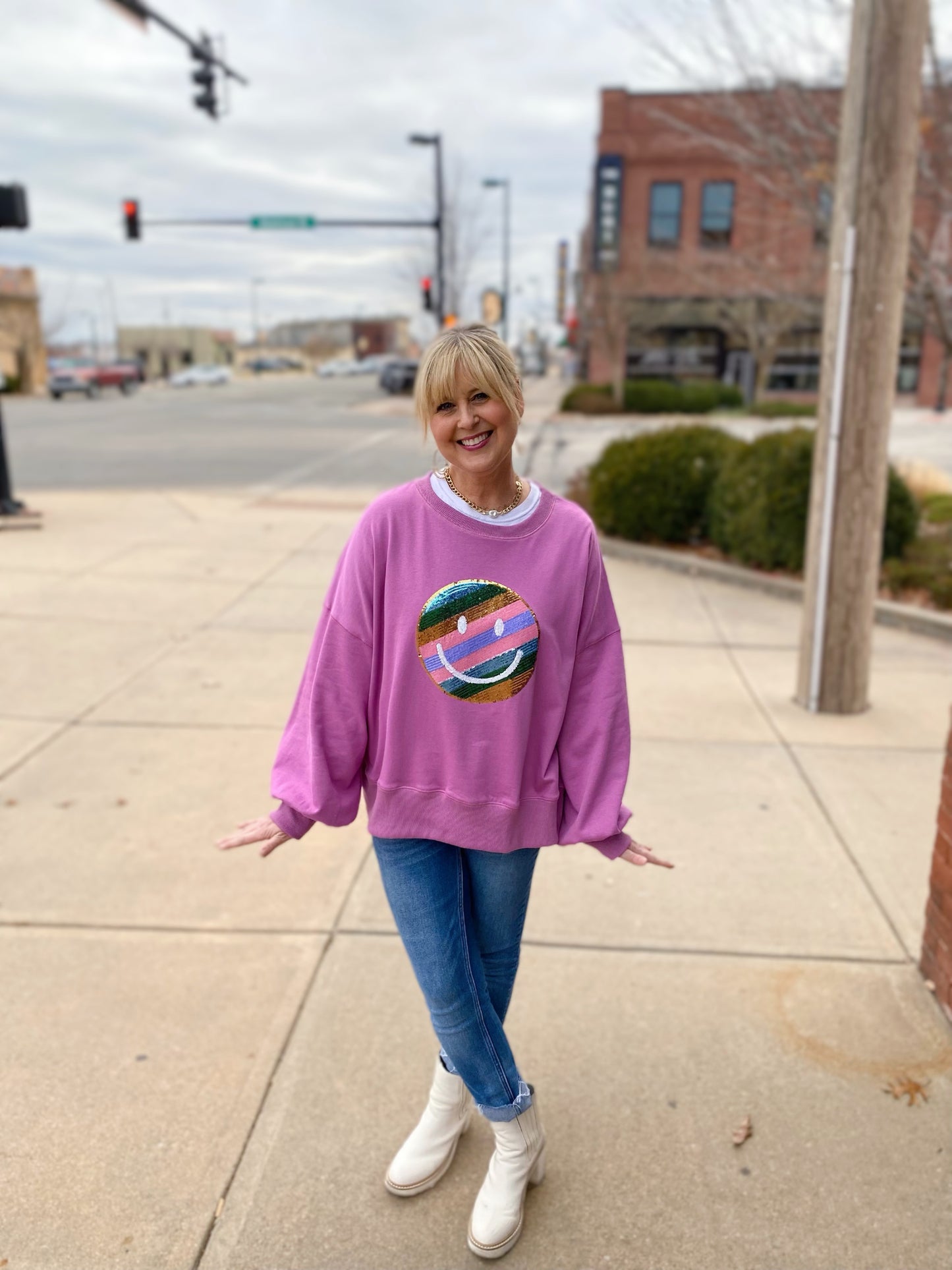 lavender rainbow smile sequin patched sweatshirt