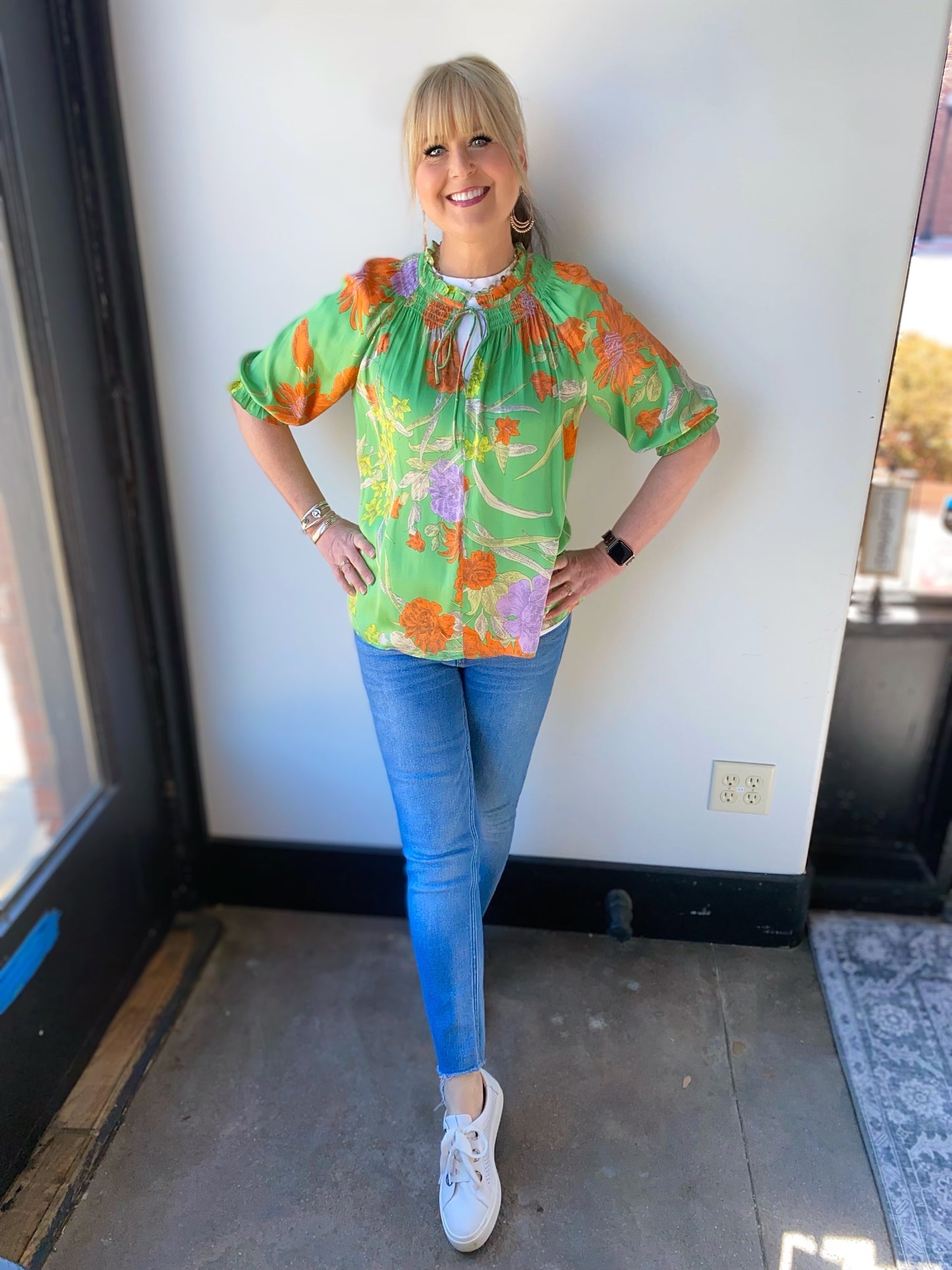 Floral print green multi ruffled blouse