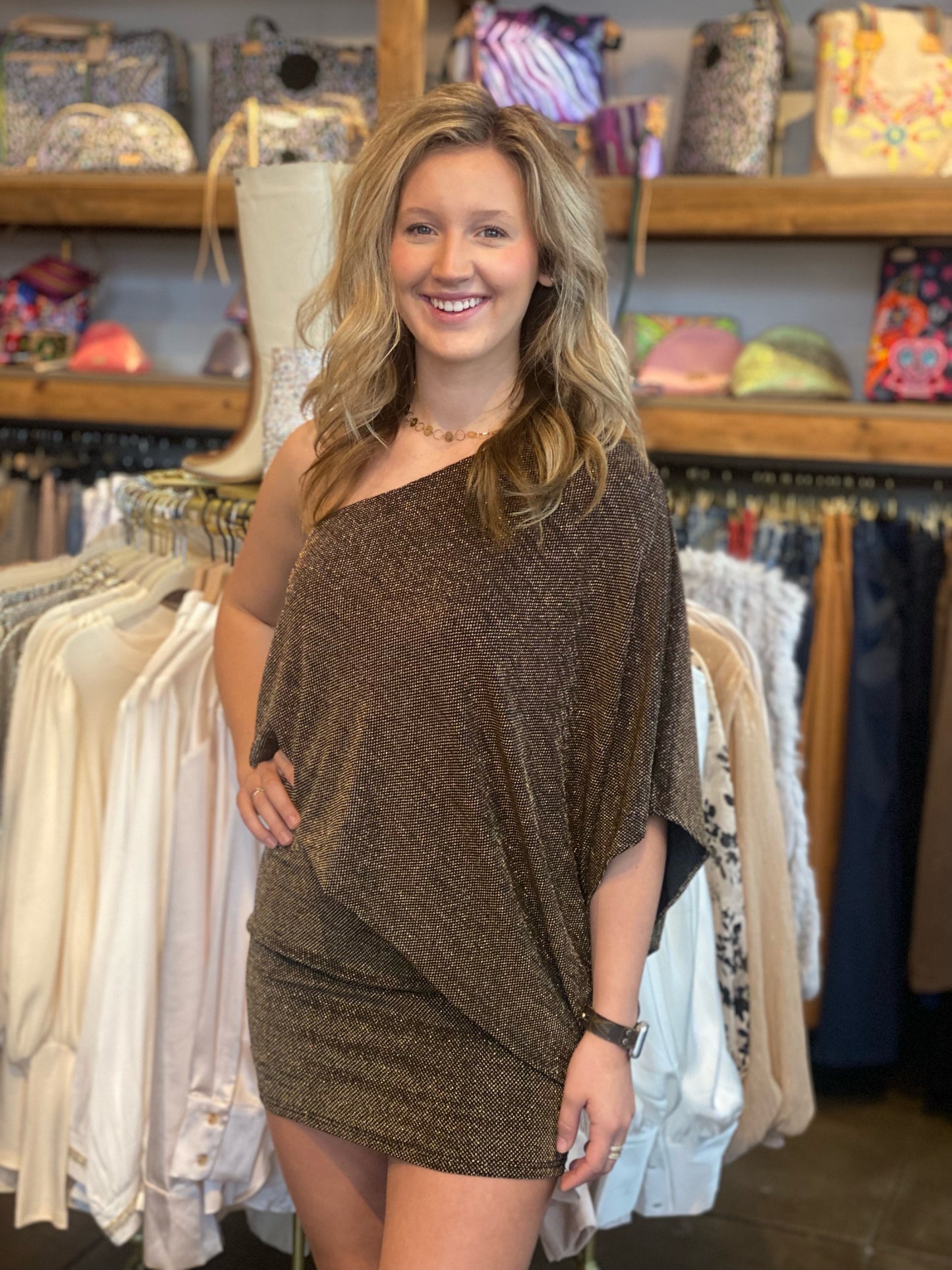 bronze one shoulder elastic waist mini dress