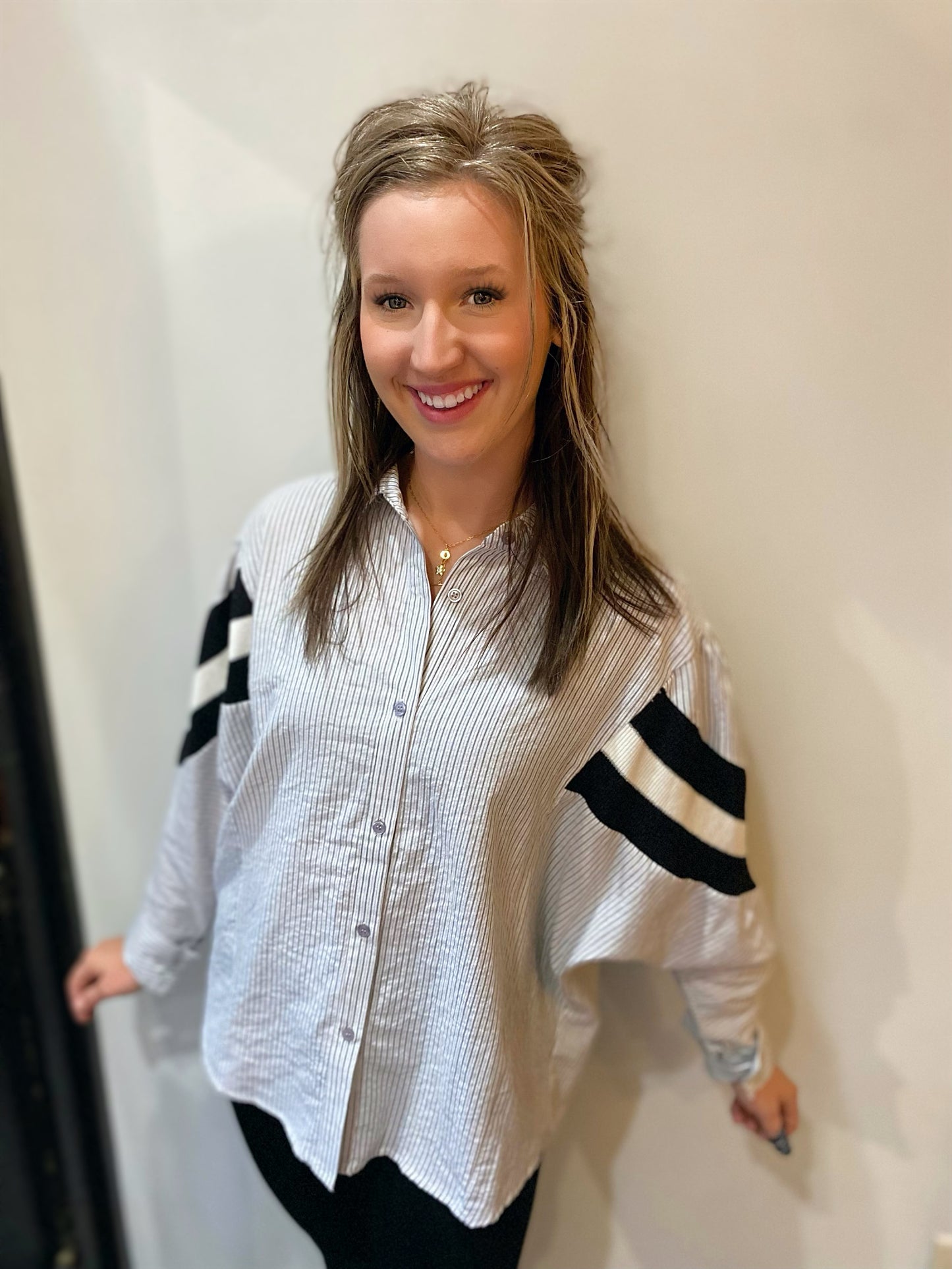 white/blue striped track sleeve blouse