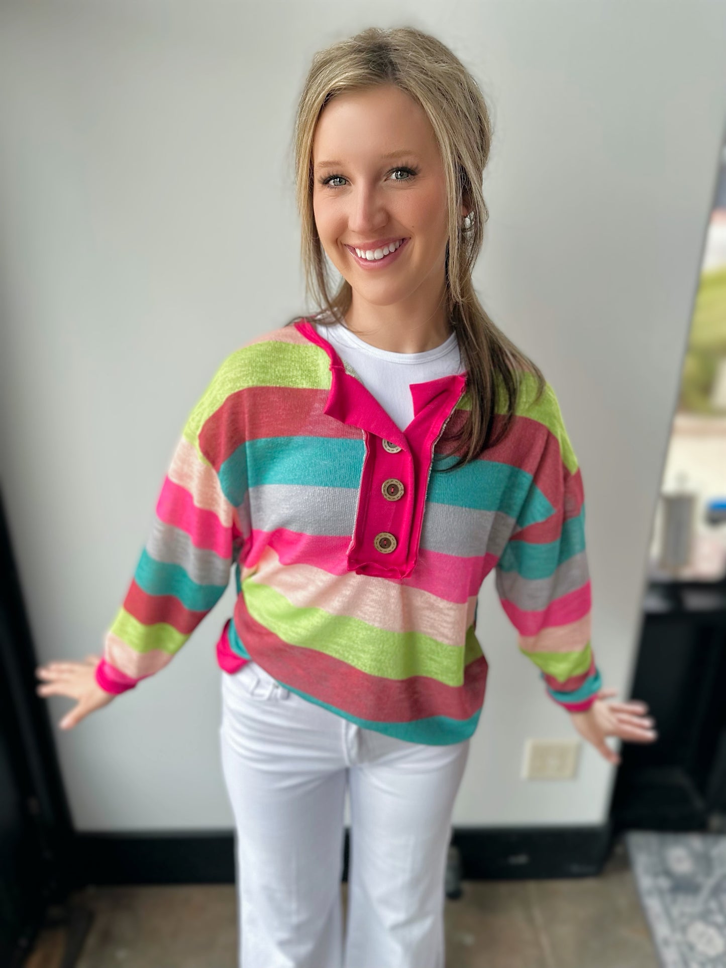Henley Multi Color Stripe Hacci button top