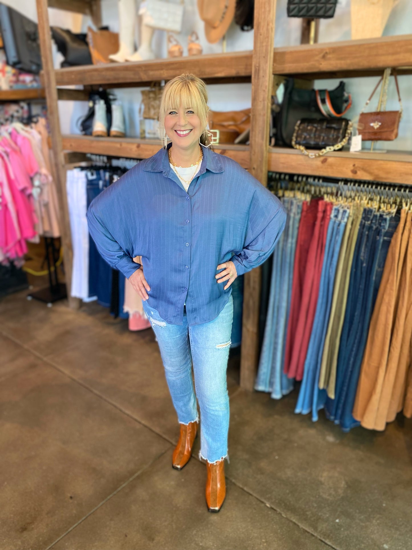 blue voluminous sleeve blouse