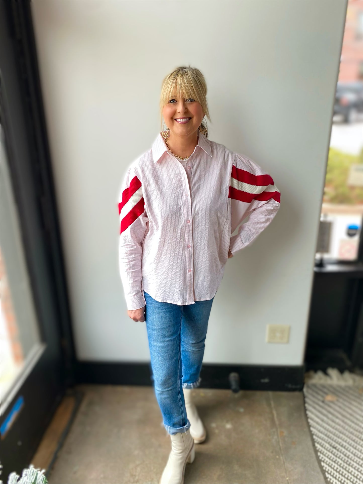 pink/white striped track sleeve blouse