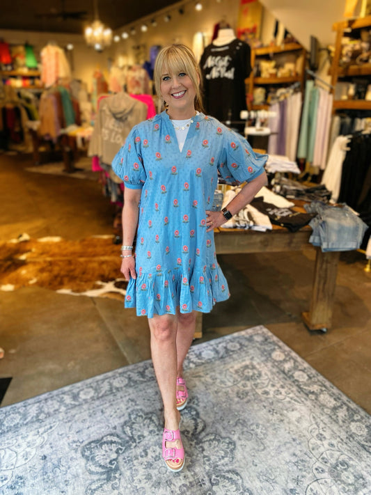 Ivy Jane Blue Embroidered flowers dress