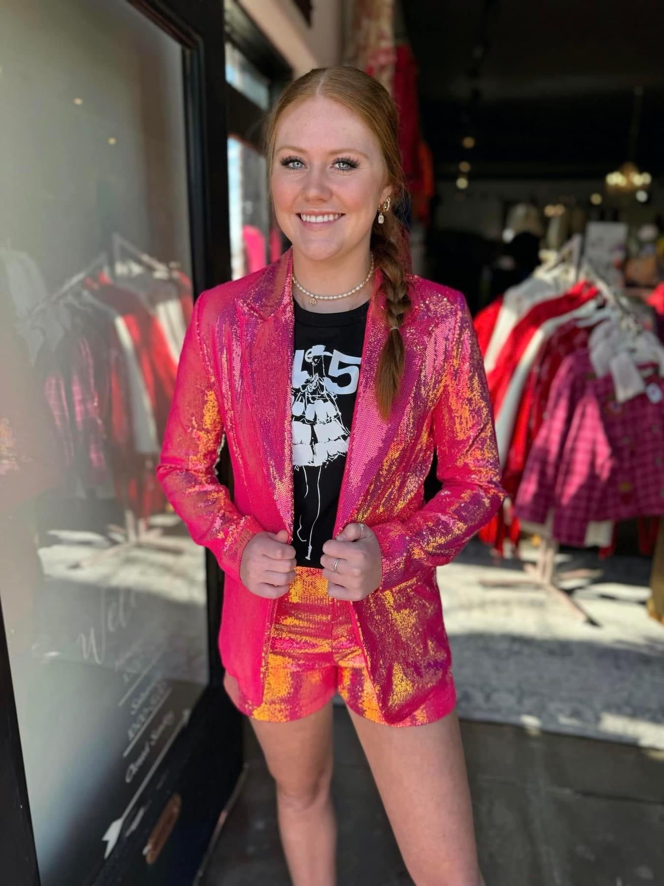 All About That Bling Hot Pink Sequin Blazer Short Set