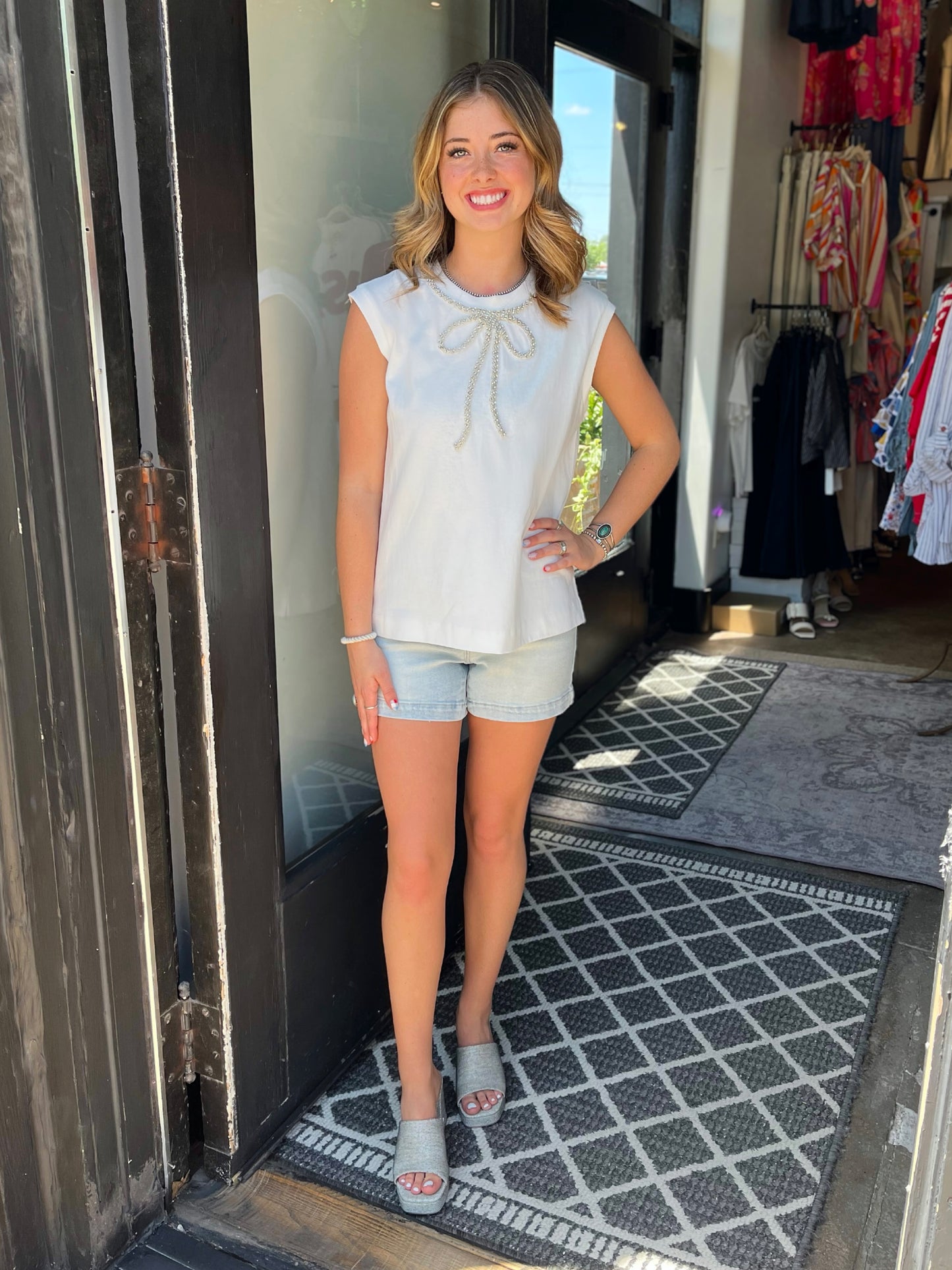Endless Rose White Rhinestone Bow Sleeveless Top