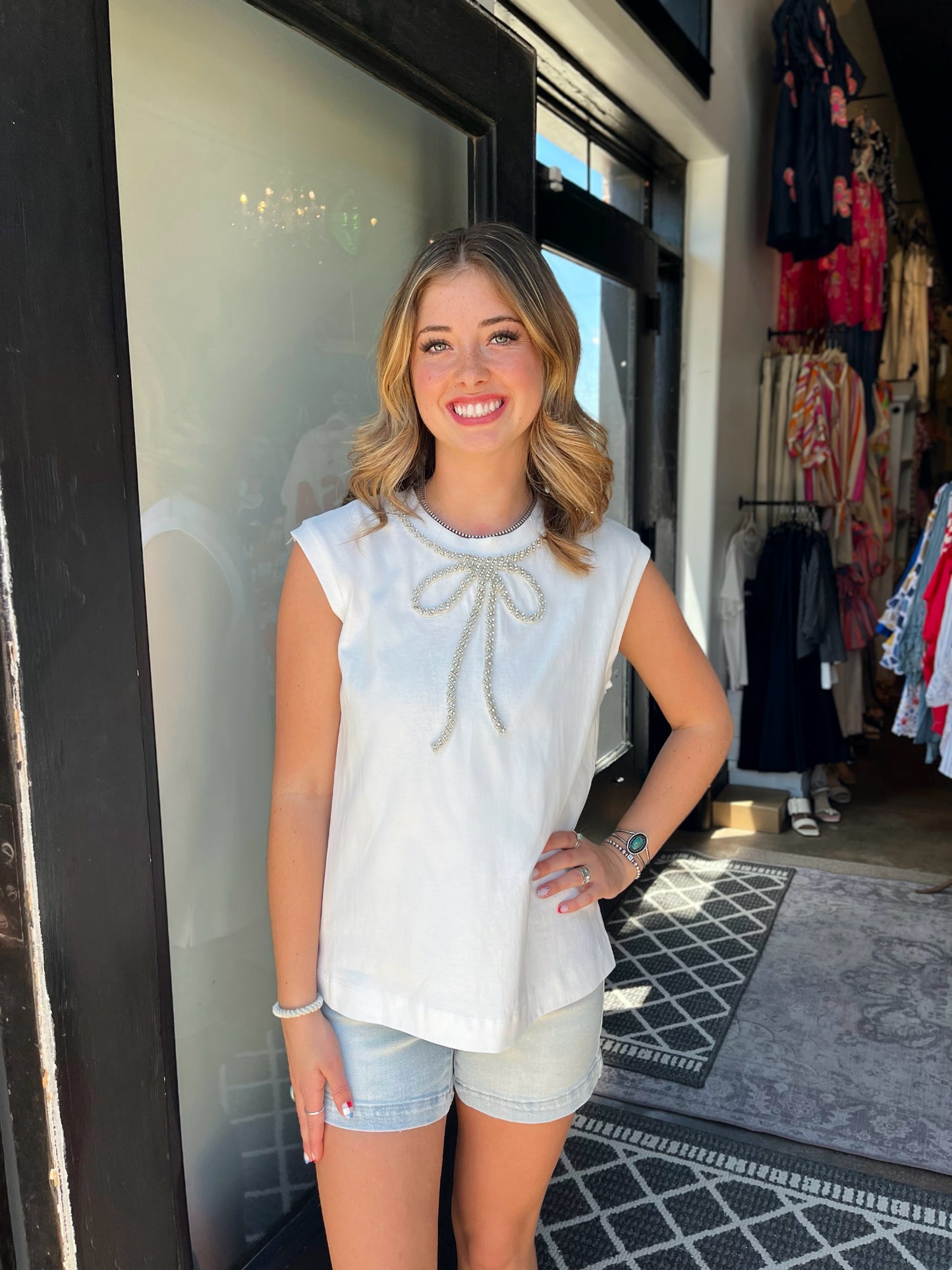 Endless Rose White Rhinestone Bow Sleeveless Top