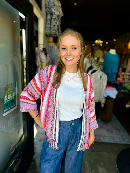 Tribal Creamsicle 3/4 Sleeve Fringed Hem Sweater Cardigan